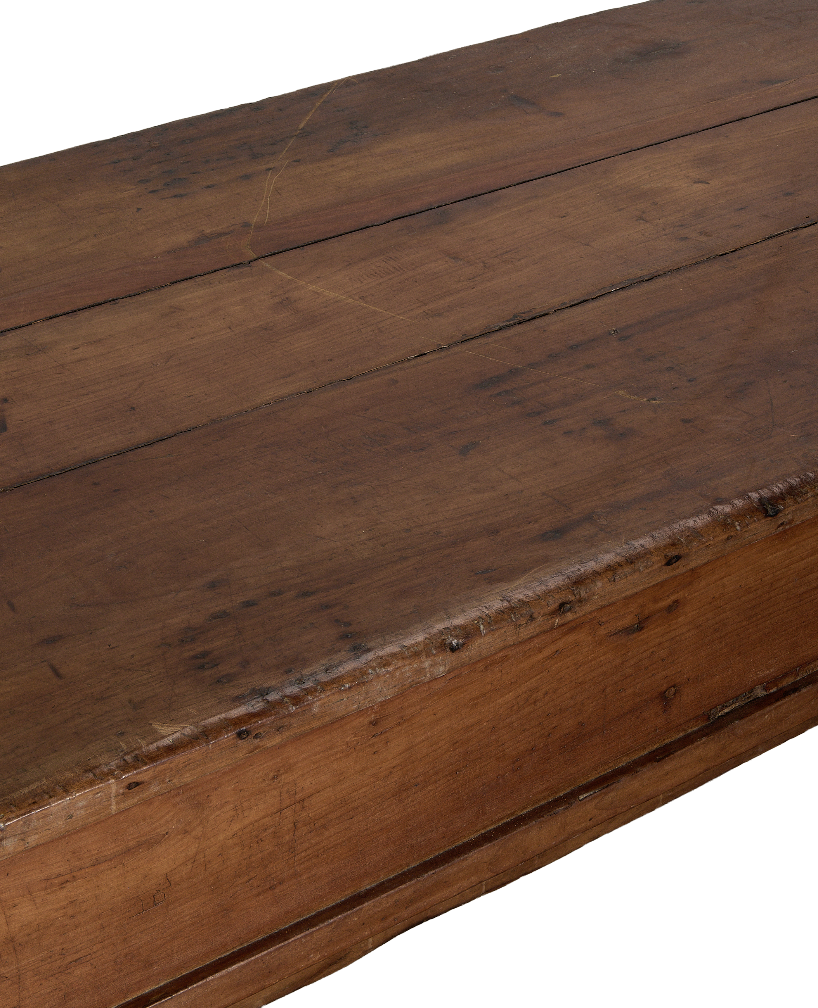 Vintage French oak draper's table surface with visible wood grain and distressed patina.