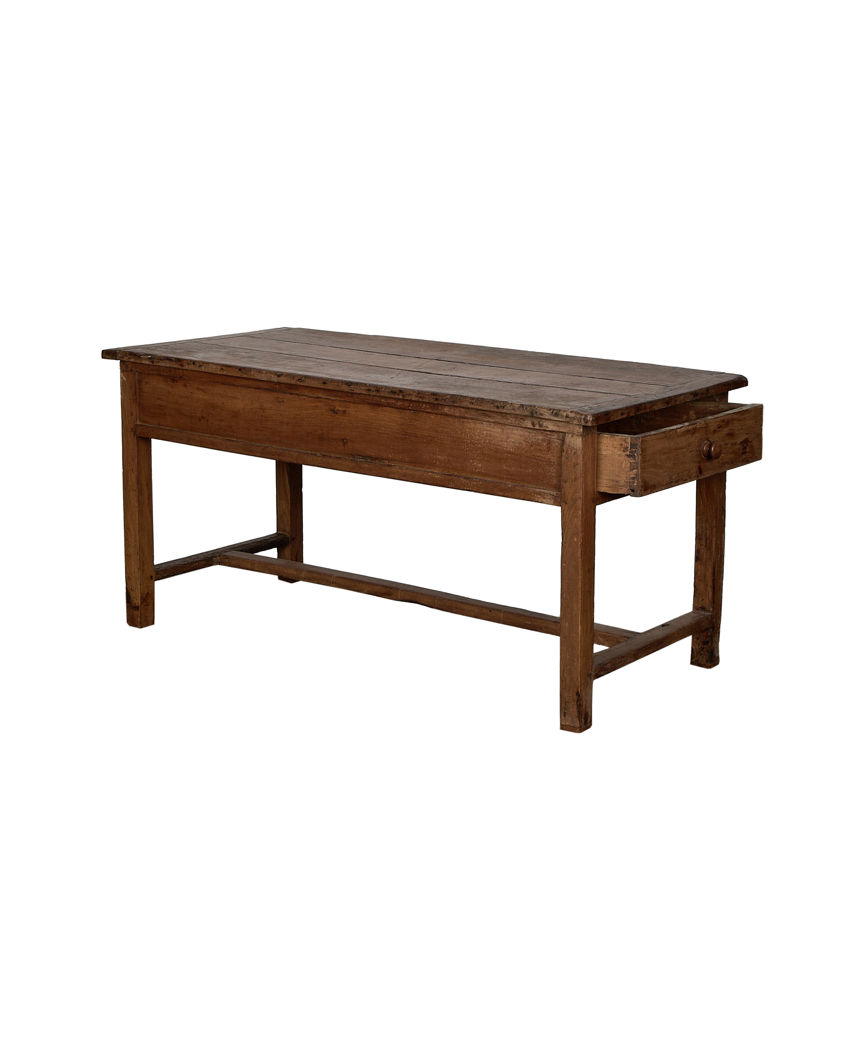 Vintage French oak Draper's Table, angled view showing open drawer with round knob.