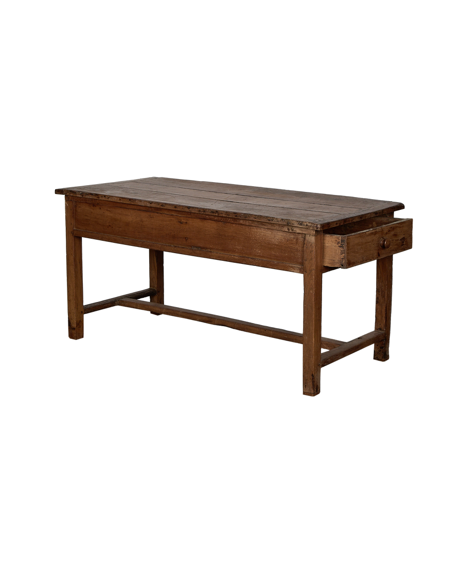 Vintage French oak Draper's Table, angled view showing open drawer with round knob.