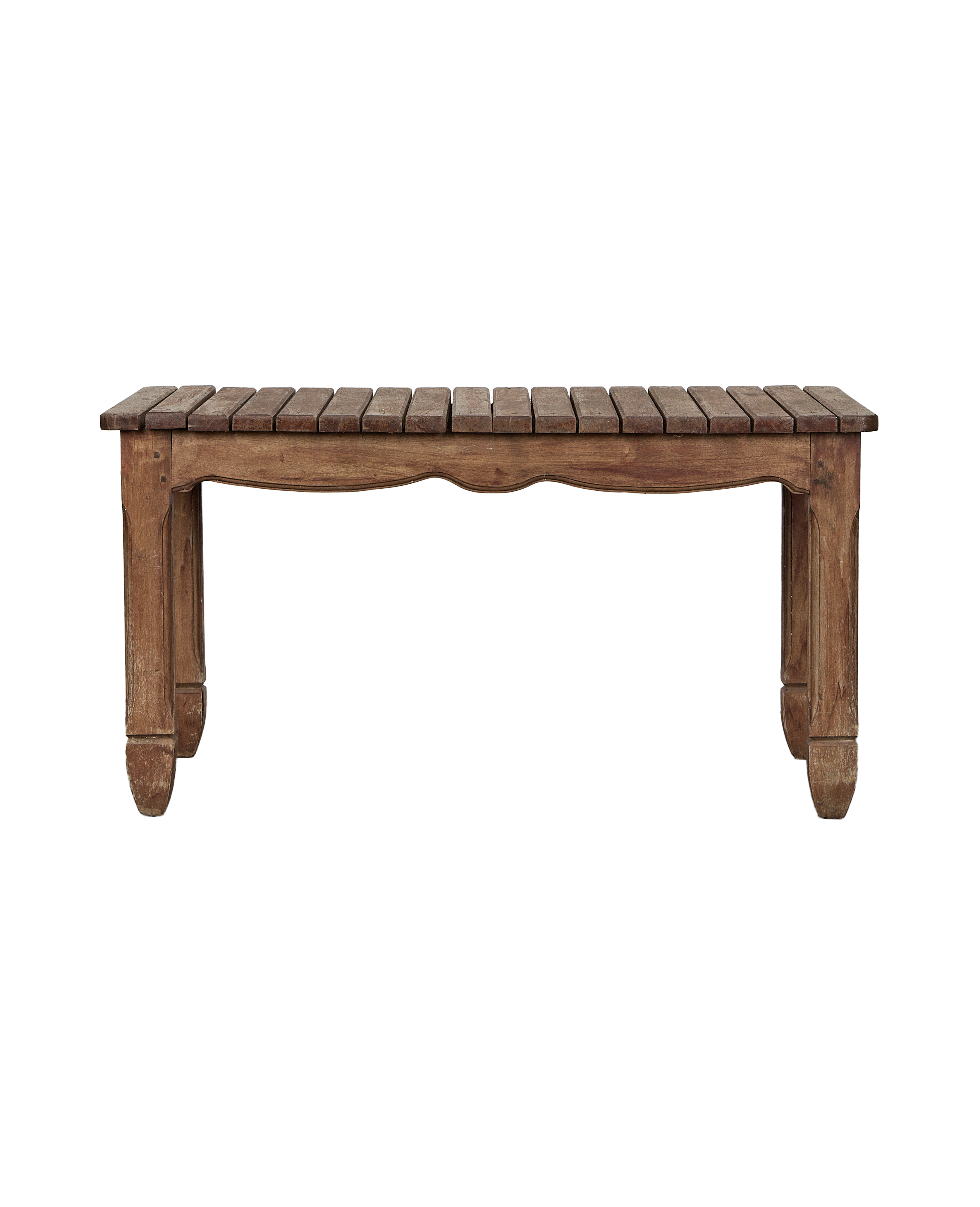 Vintage French oak patio table, showcasing detailed curved apron and slatted top.