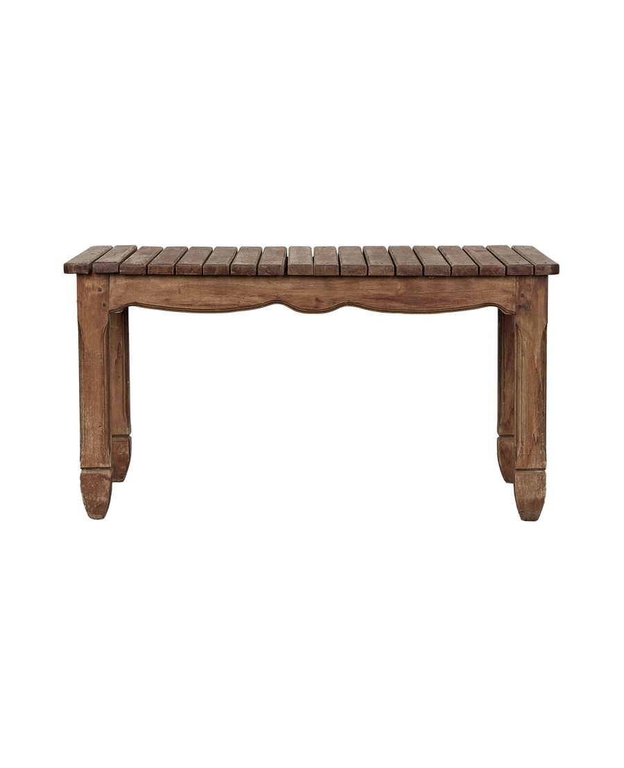 Vintage French oak patio table, showcasing detailed curved apron and slatted top.