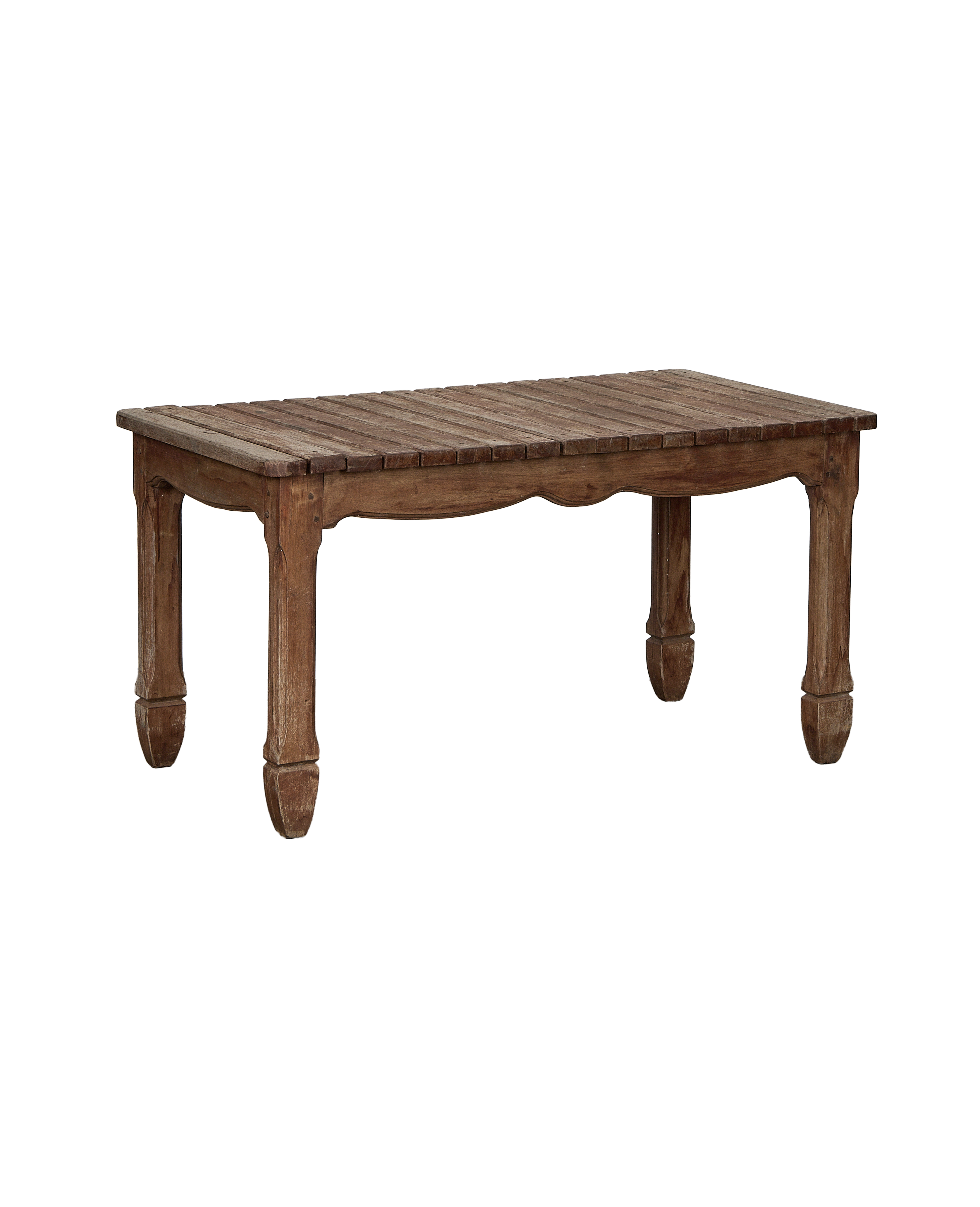 Vintage French oak wood slatted patio table with sculpted legs.