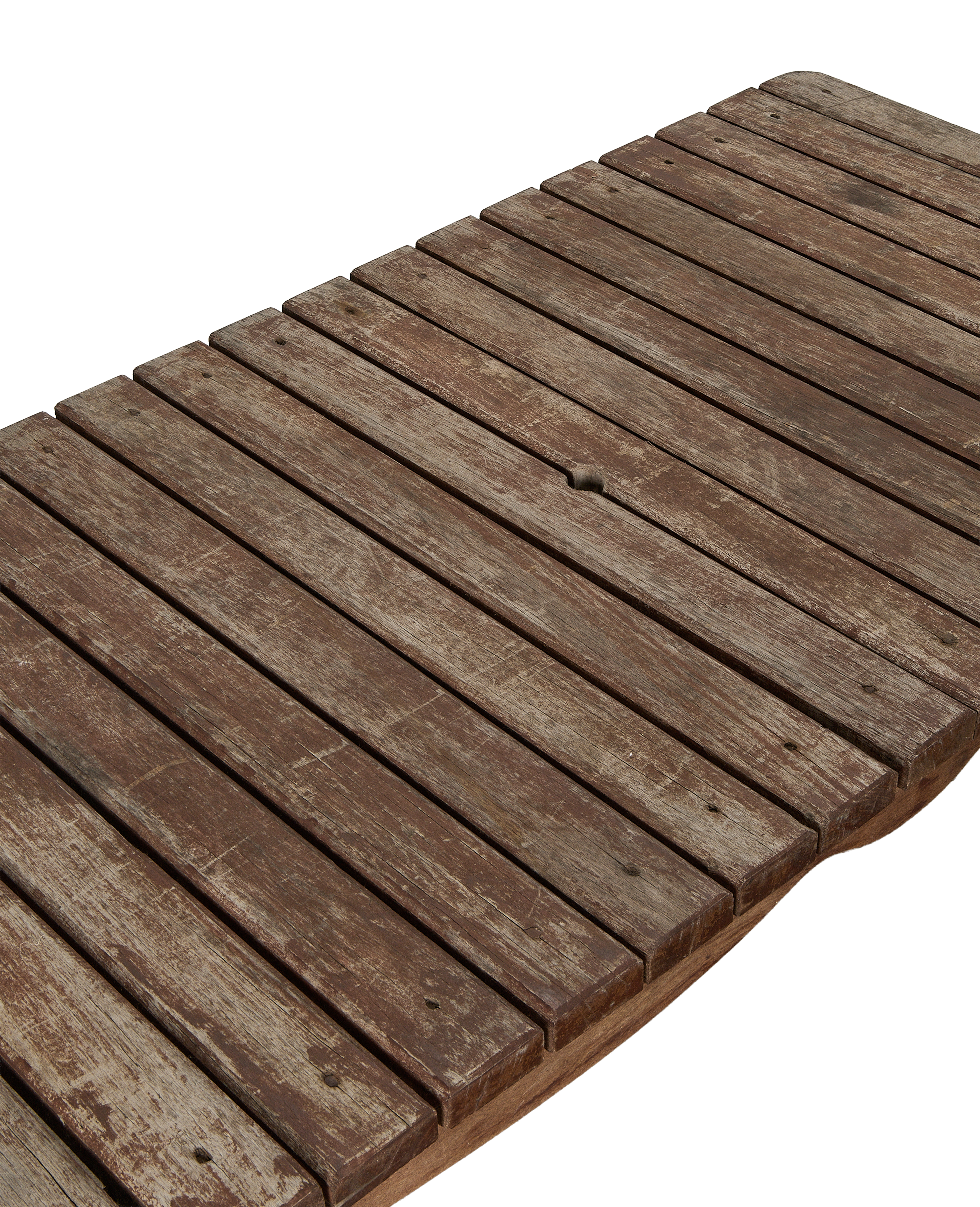 Vintage French oak patio table, rustic aged wood planks, close-up texture detail.
