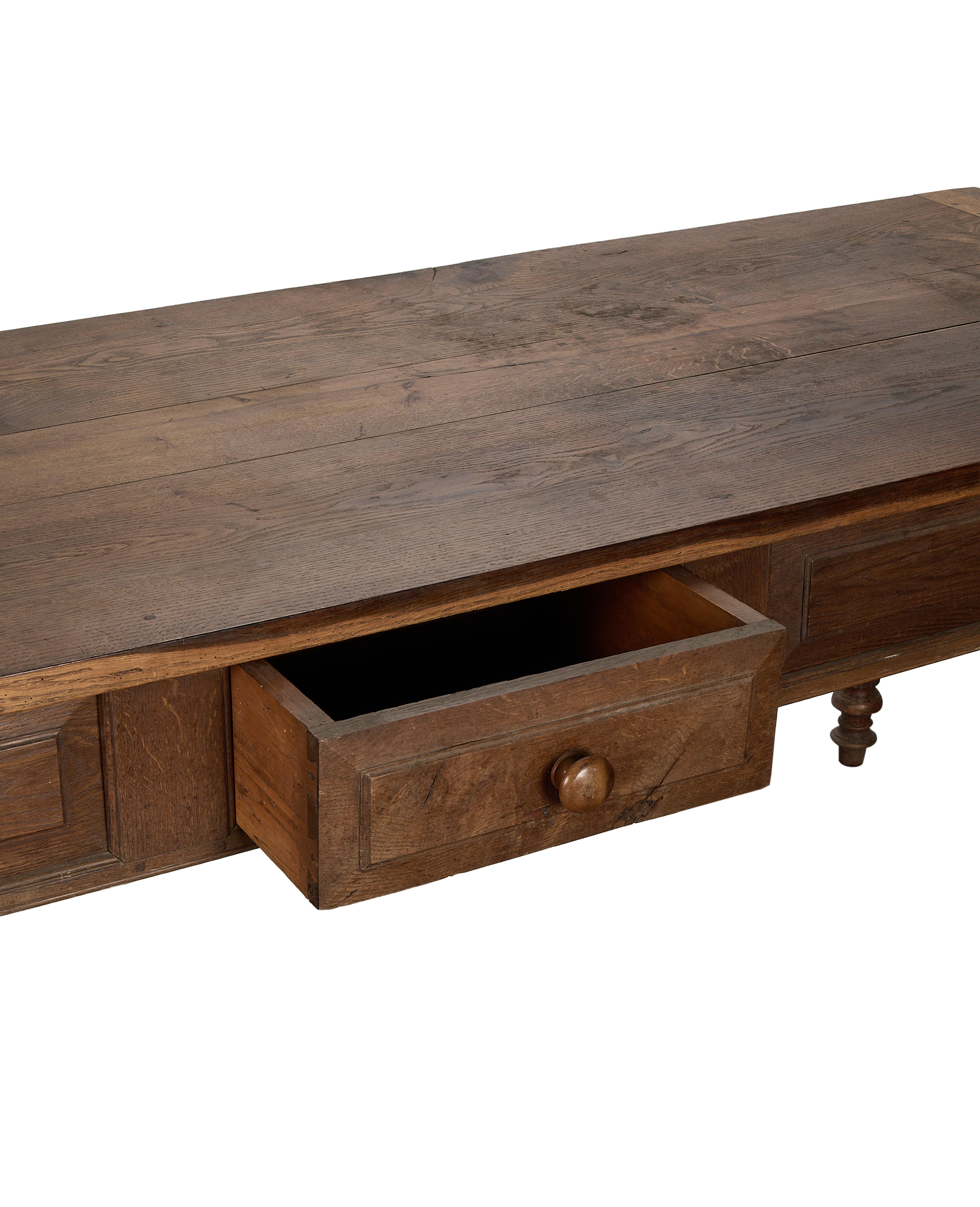 Vintage French oak Draper's Table, open drawer with knob, turned leg detail.