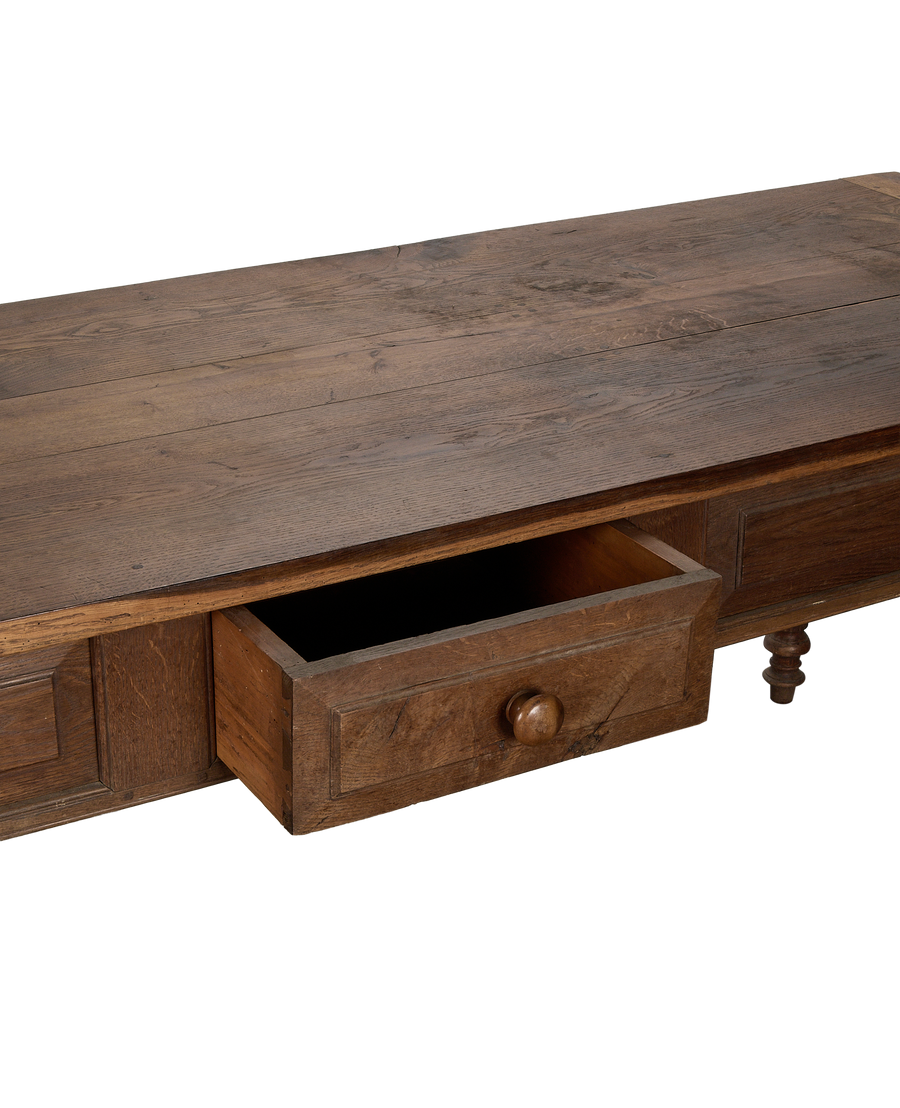 Vintage French oak Draper's Table, open drawer with knob, turned leg detail.