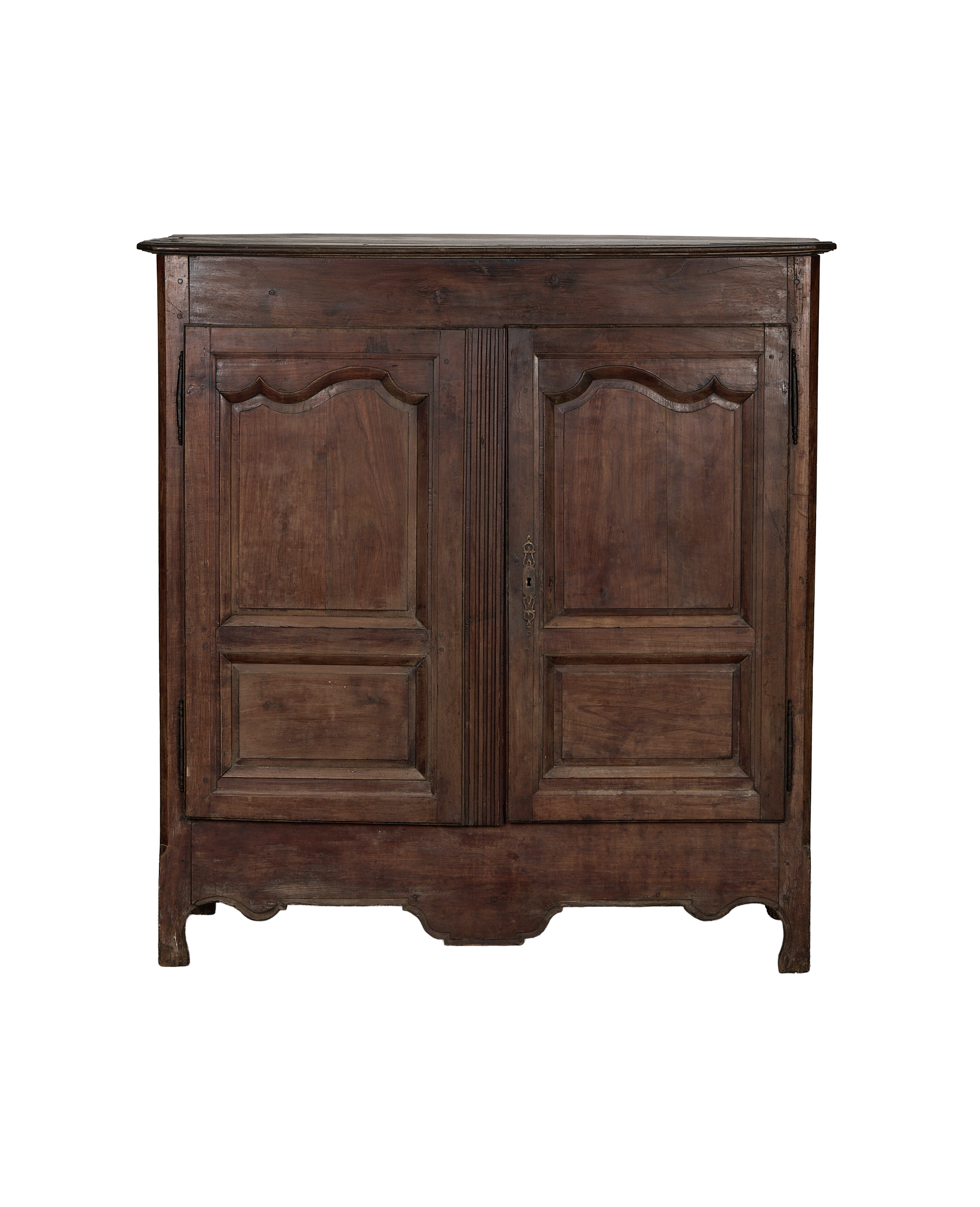 Vintage French oak armoire, dark wood, ornate recessed panels, antique lock, distressed original condition.