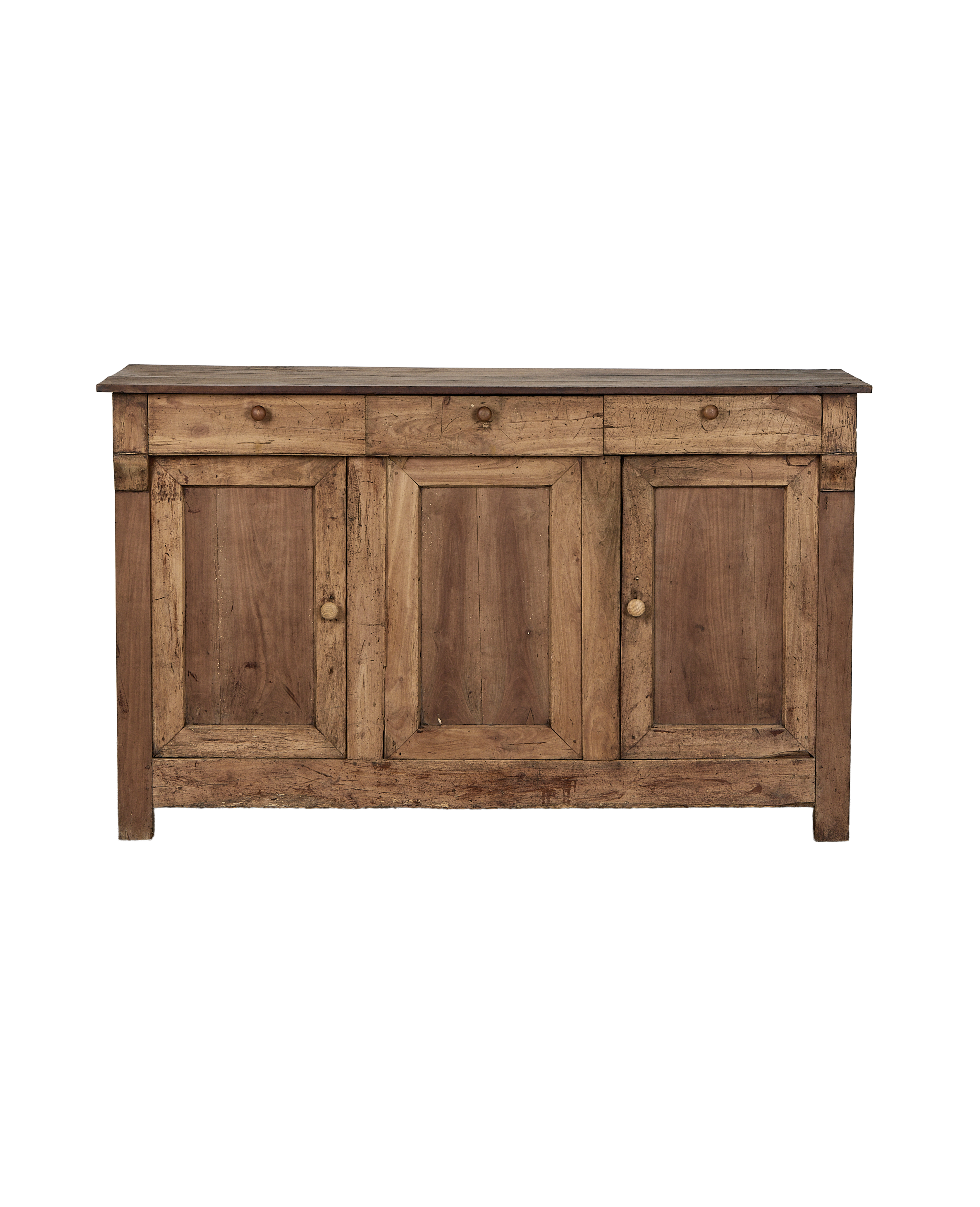 Vintage French oak sideboard with three doors, three drawers, and natural wood finish.