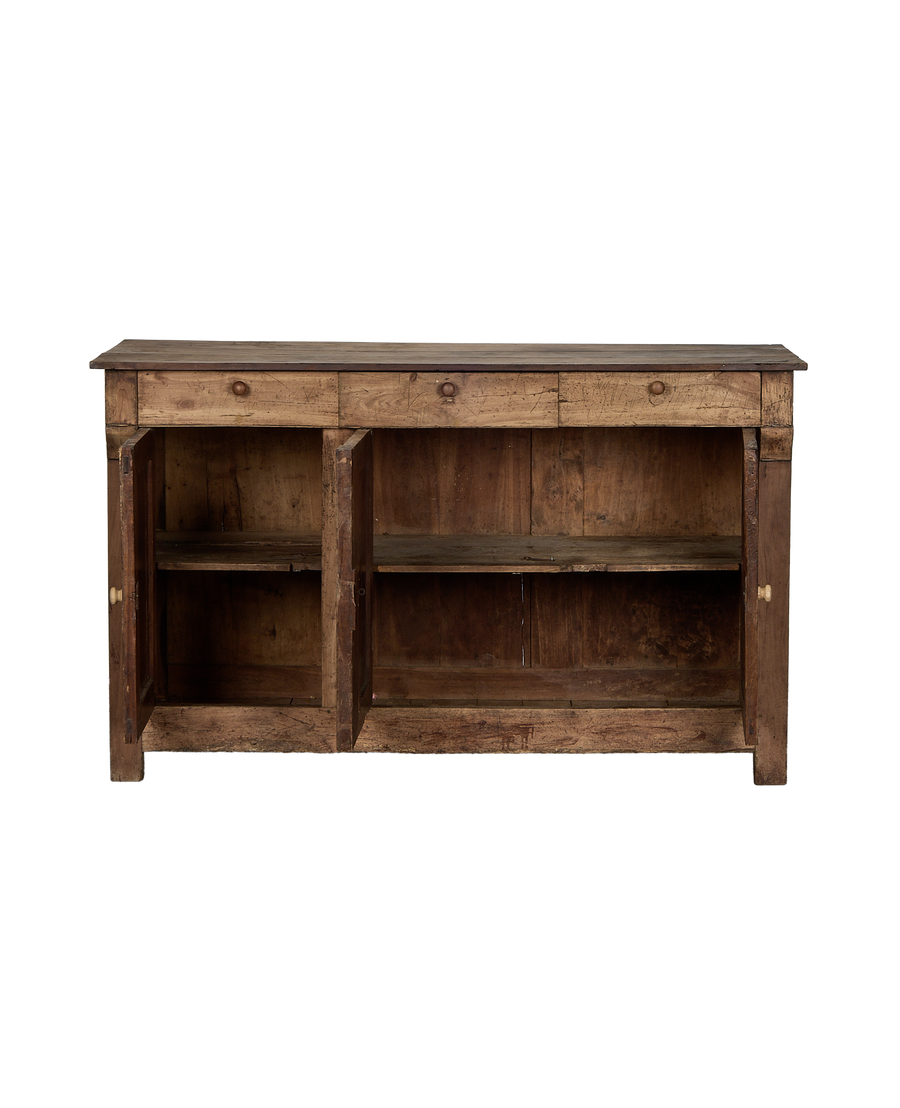Vintage French oak sideboard with doors open, revealing two shelves within each compartment.