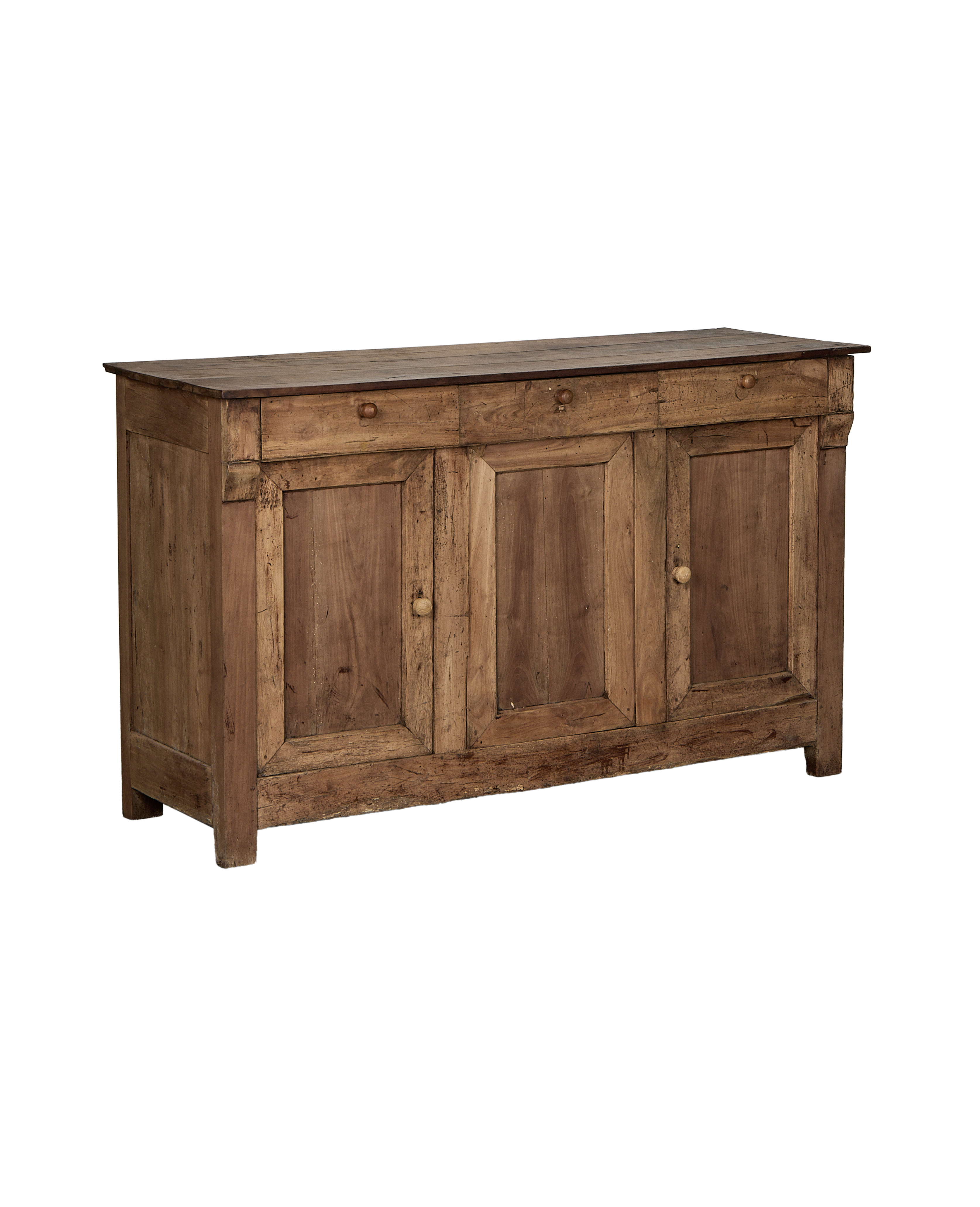 Vintage French oak sideboard, natural wood, three doors, three drawers, weathered patina.