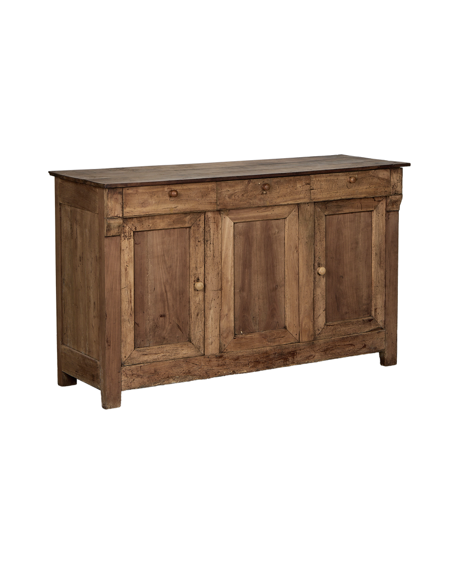 Vintage French oak sideboard, natural wood, three doors, three drawers, weathered patina.