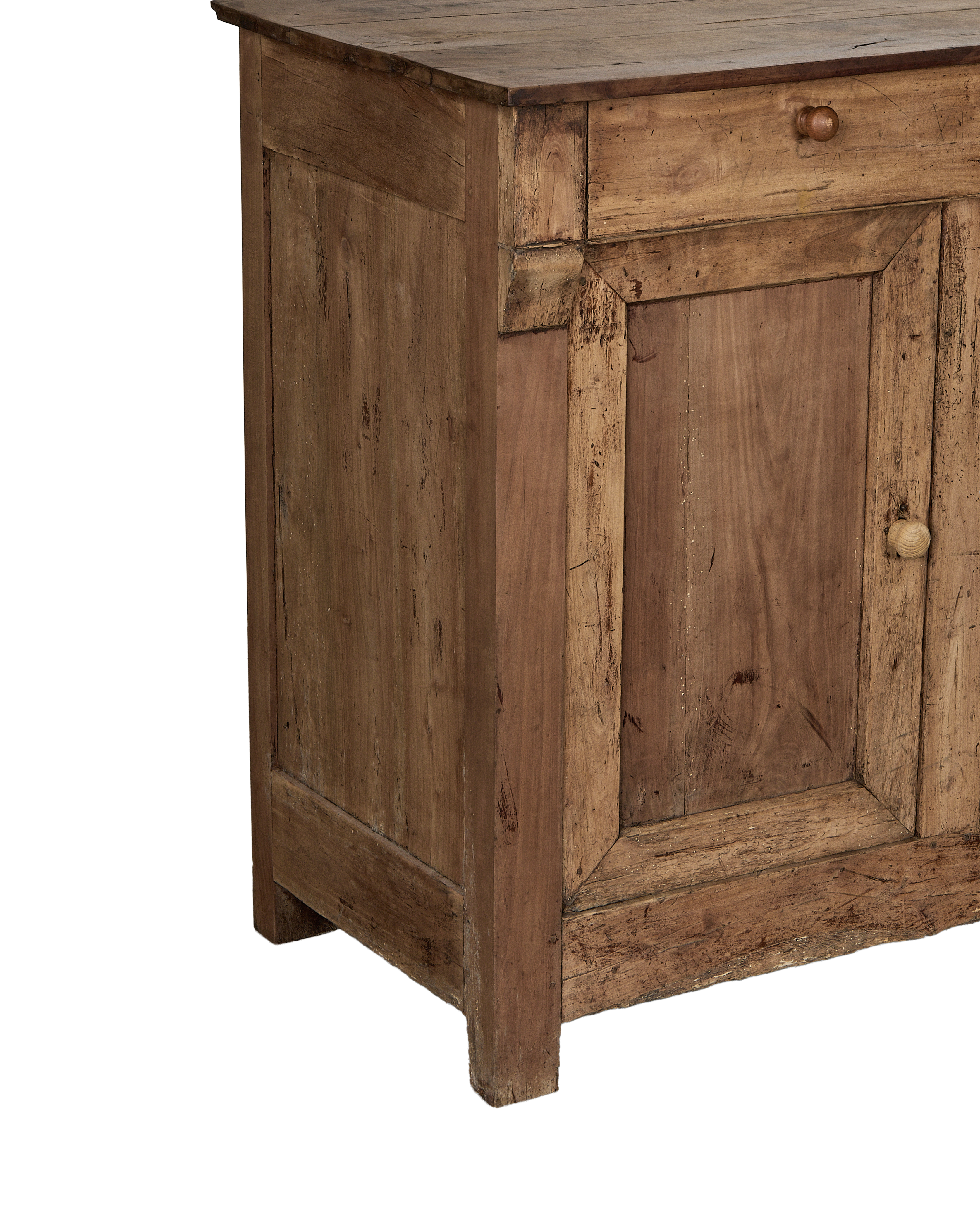 Vintage French OAK sideboard's right side, showing worn wood with single drawer and cabinet door.