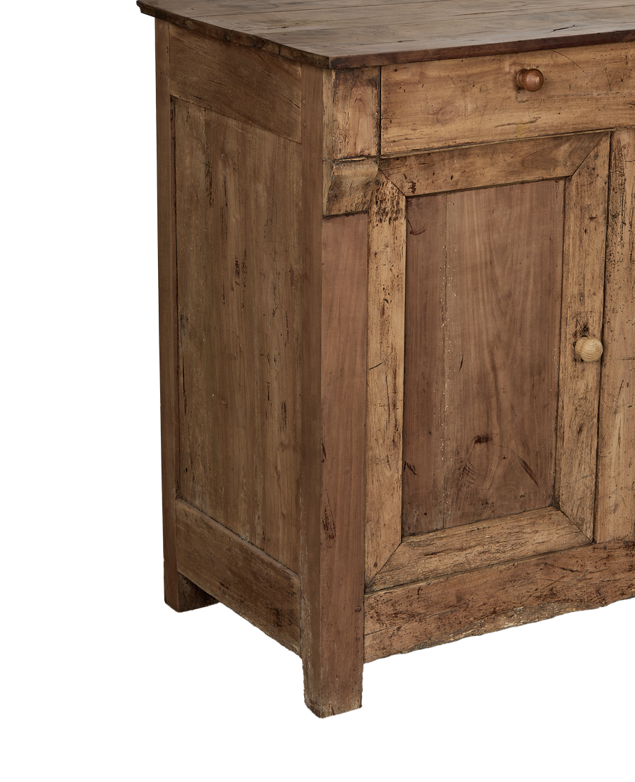 Vintage French OAK sideboard's right side, showing worn wood with single drawer and cabinet door.