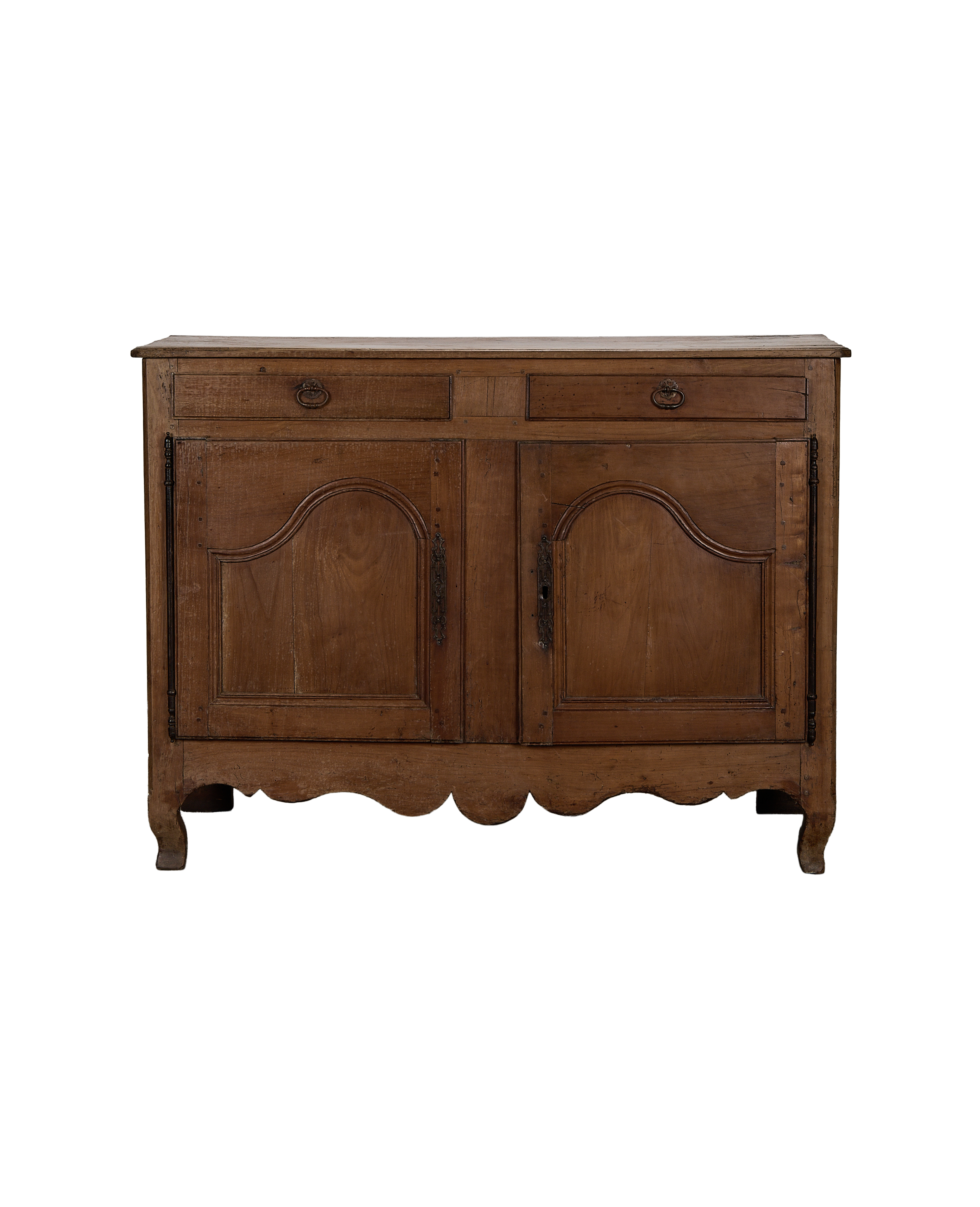 Vintage French oak distressed sideboard with two drawers and two cabinet doors.