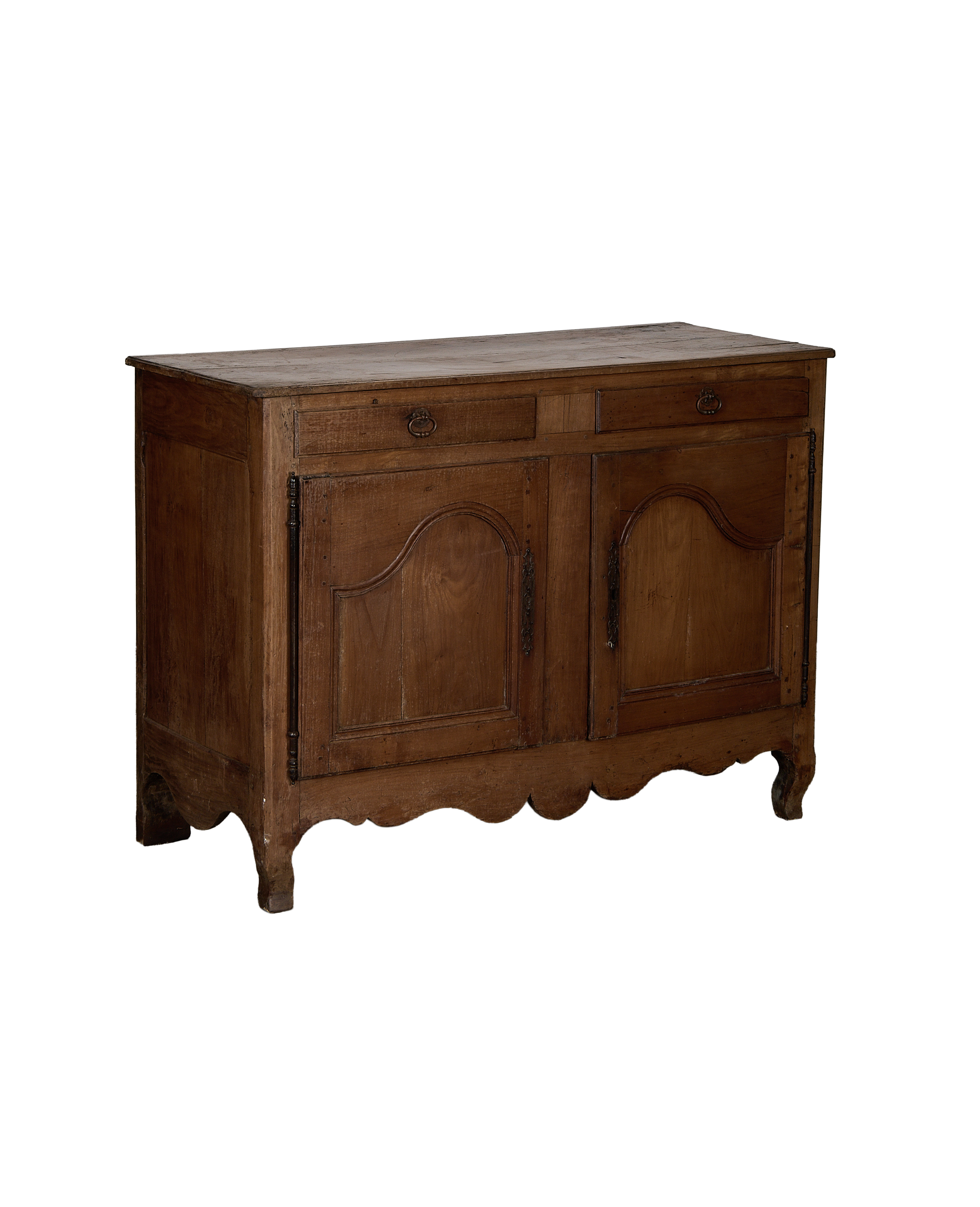 Vintage French oak sideboard, showing the full front display with ornate hinges and scallop apron.