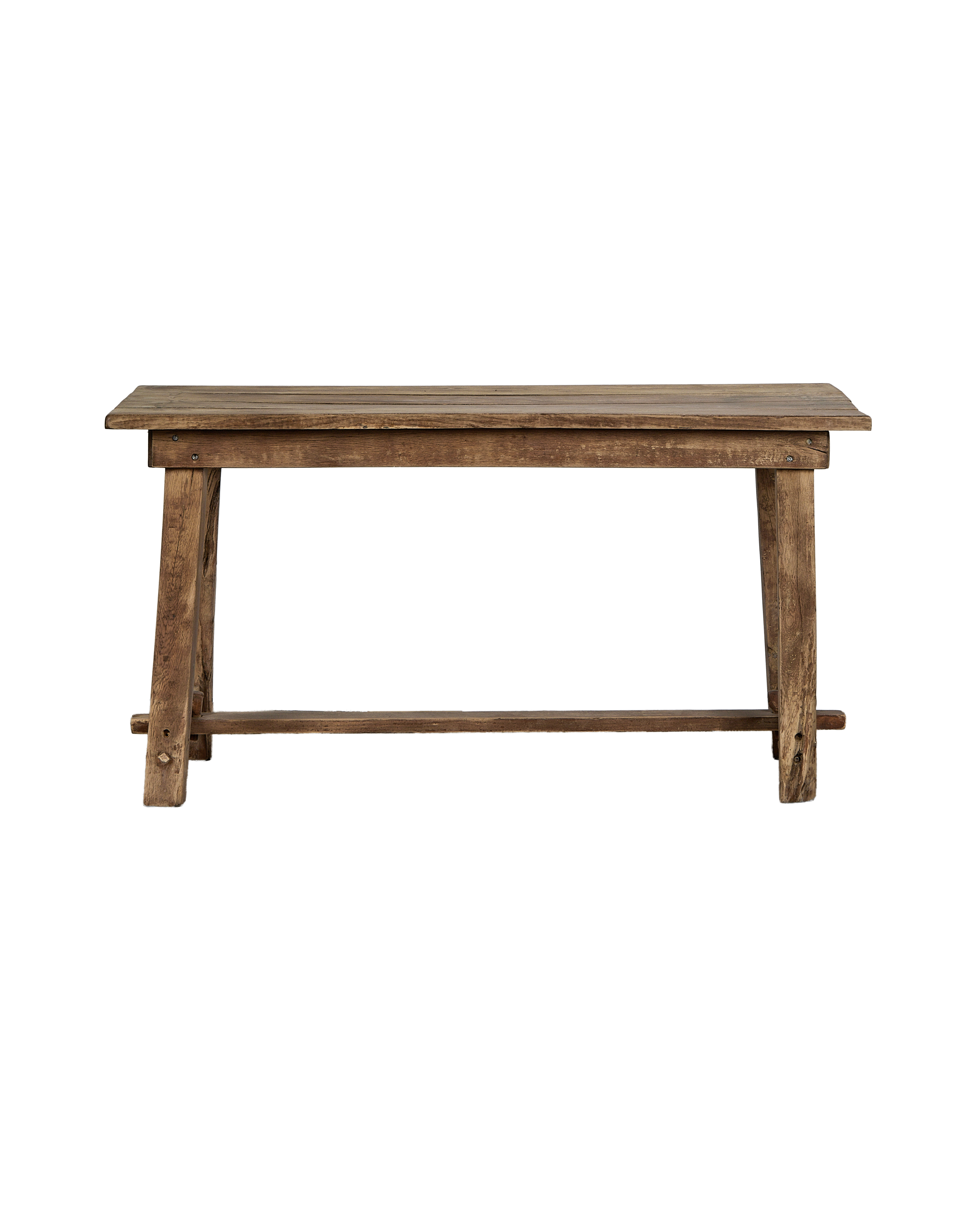 Vintage French oak work table, front view displaying weathered wooden planks and sturdy stretcher base.