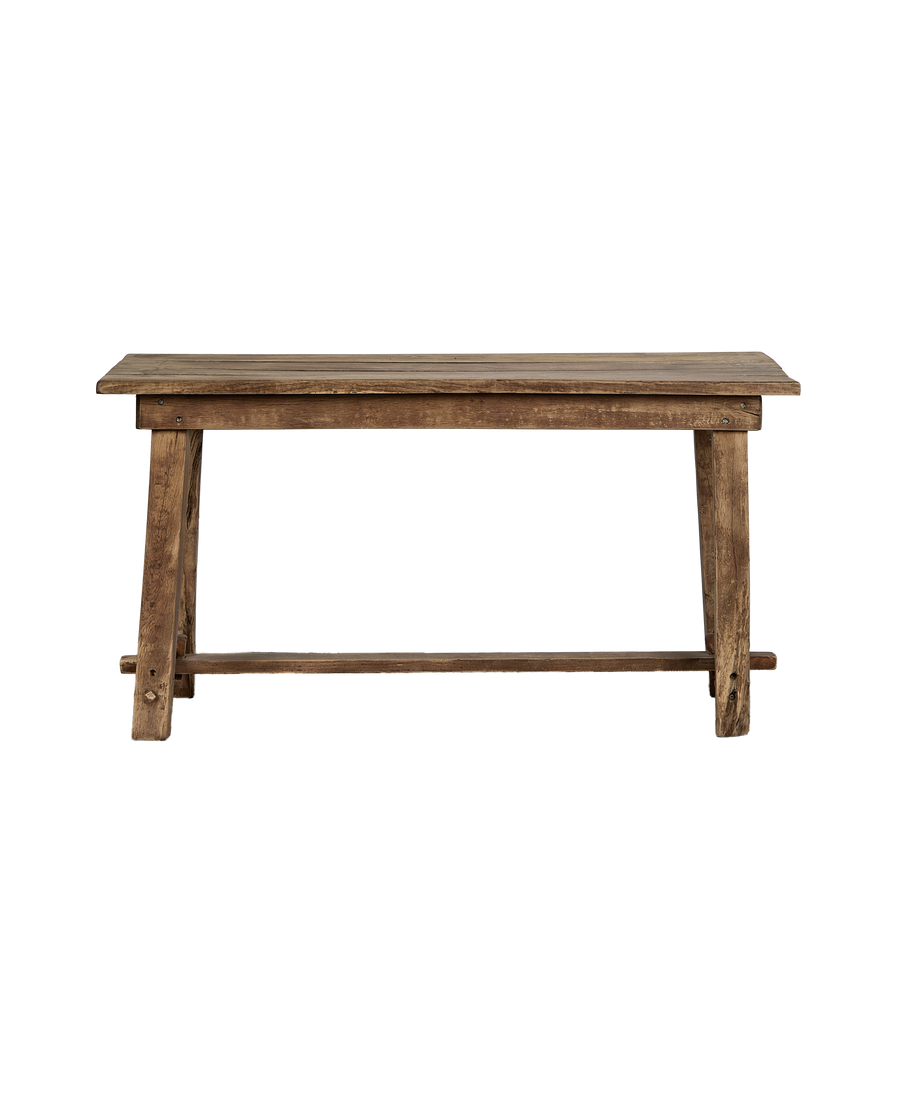 Vintage French oak work table, front view displaying weathered wooden planks and sturdy stretcher base.