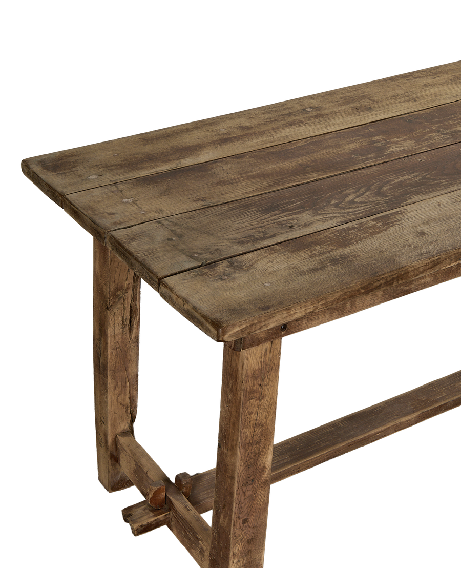 Vintage French oak country work table, close-up of distressed rustic wood tabletop and base.