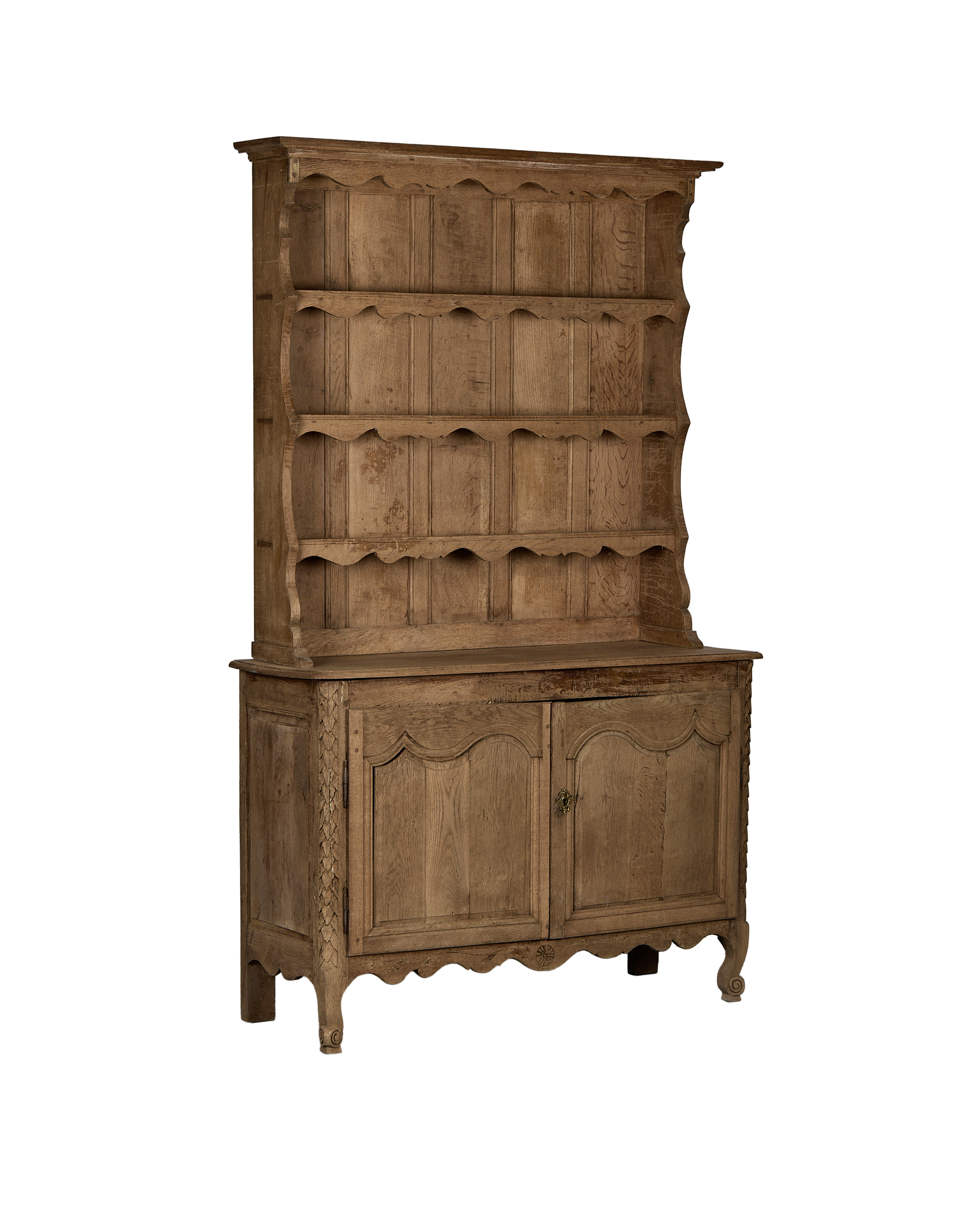 Vintage French oak china cabinet, full view illustrating scalloped detailing and rustic condition.