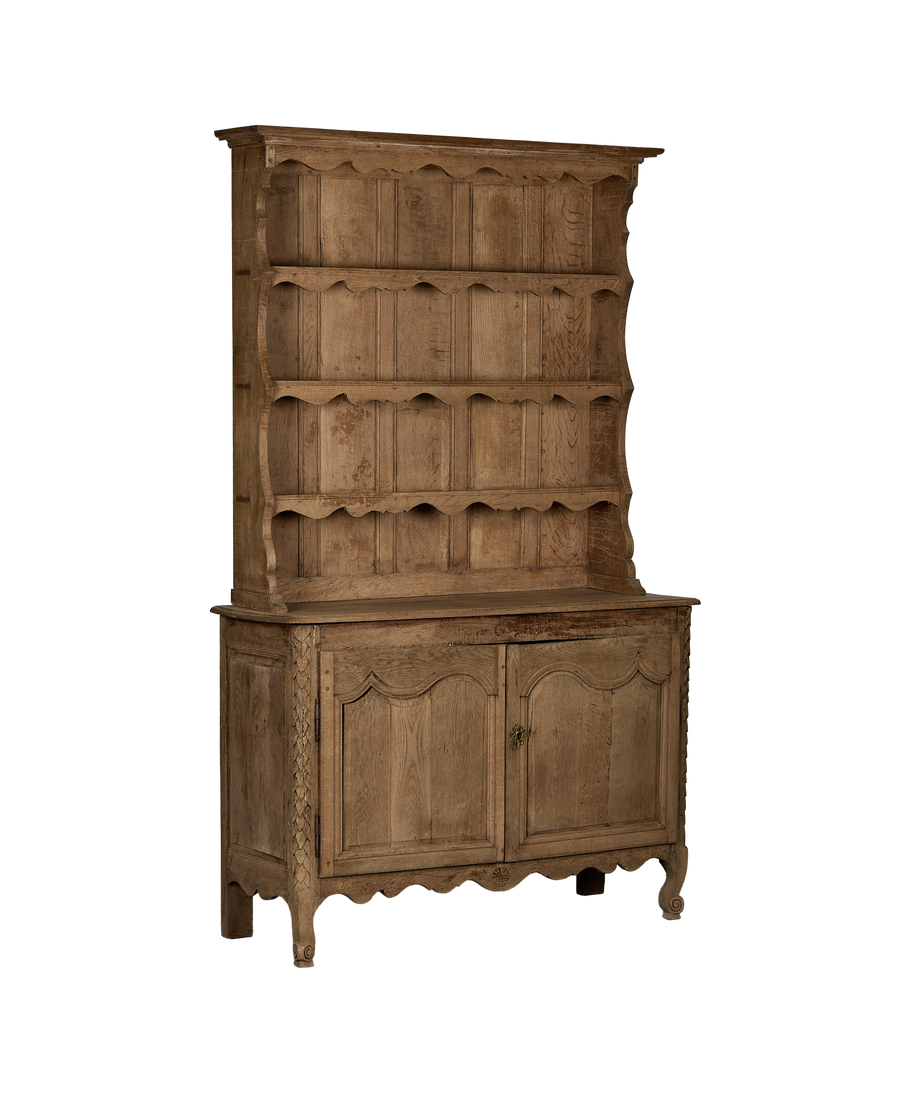 Vintage French oak china cabinet, full view illustrating scalloped detailing and rustic condition.