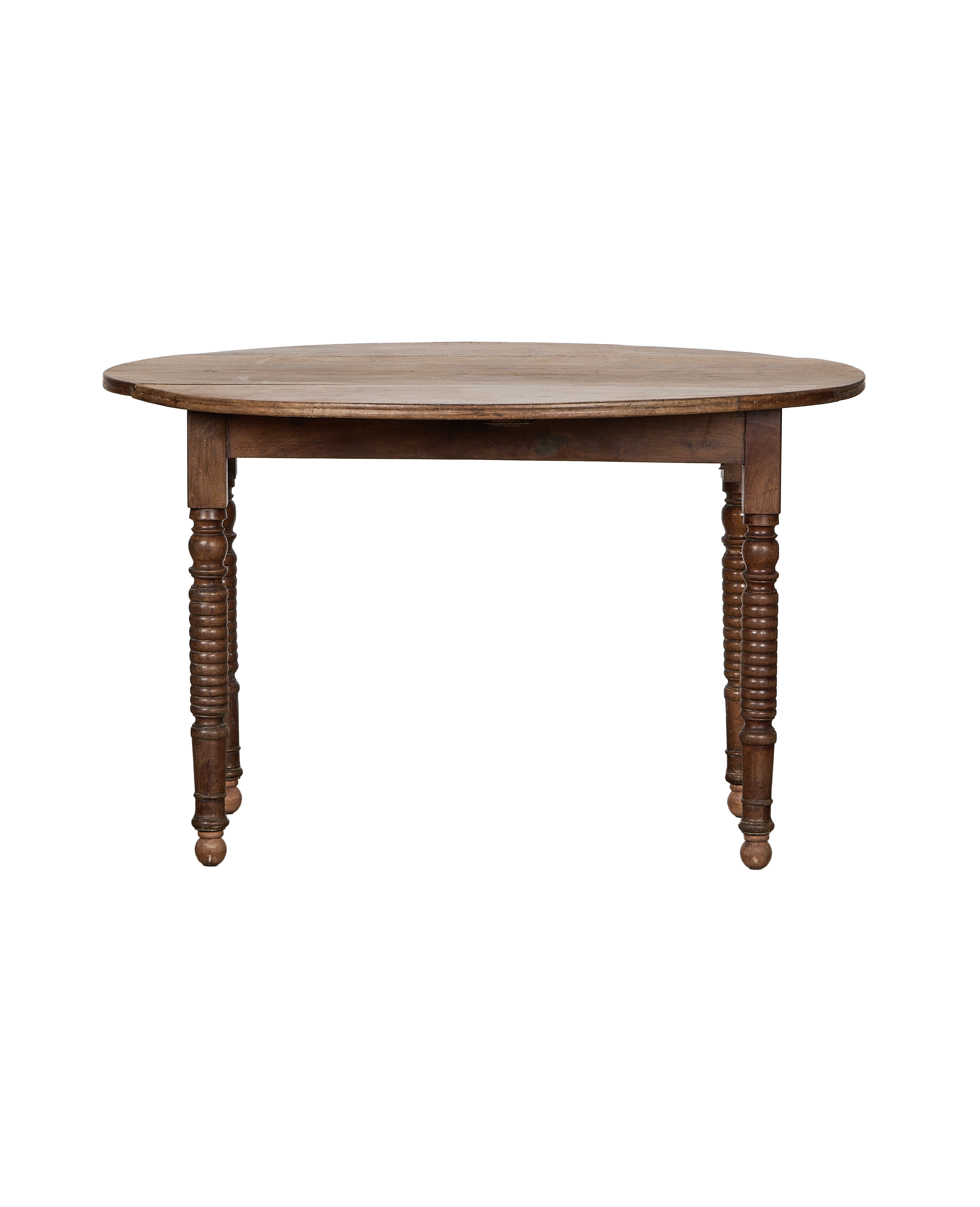 Vintage French oak drop leaf table, front view showing turned spiral legs.