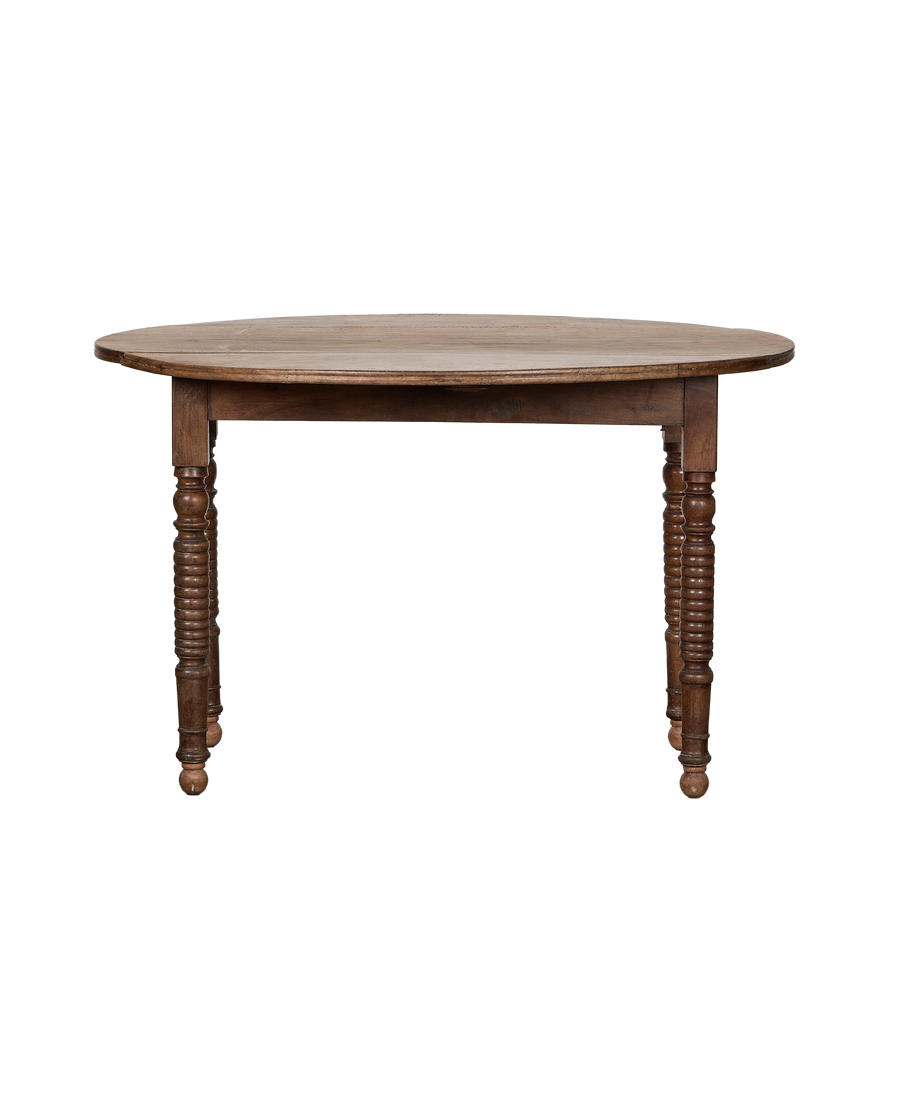Vintage French oak drop leaf table, front view showing turned spiral legs.