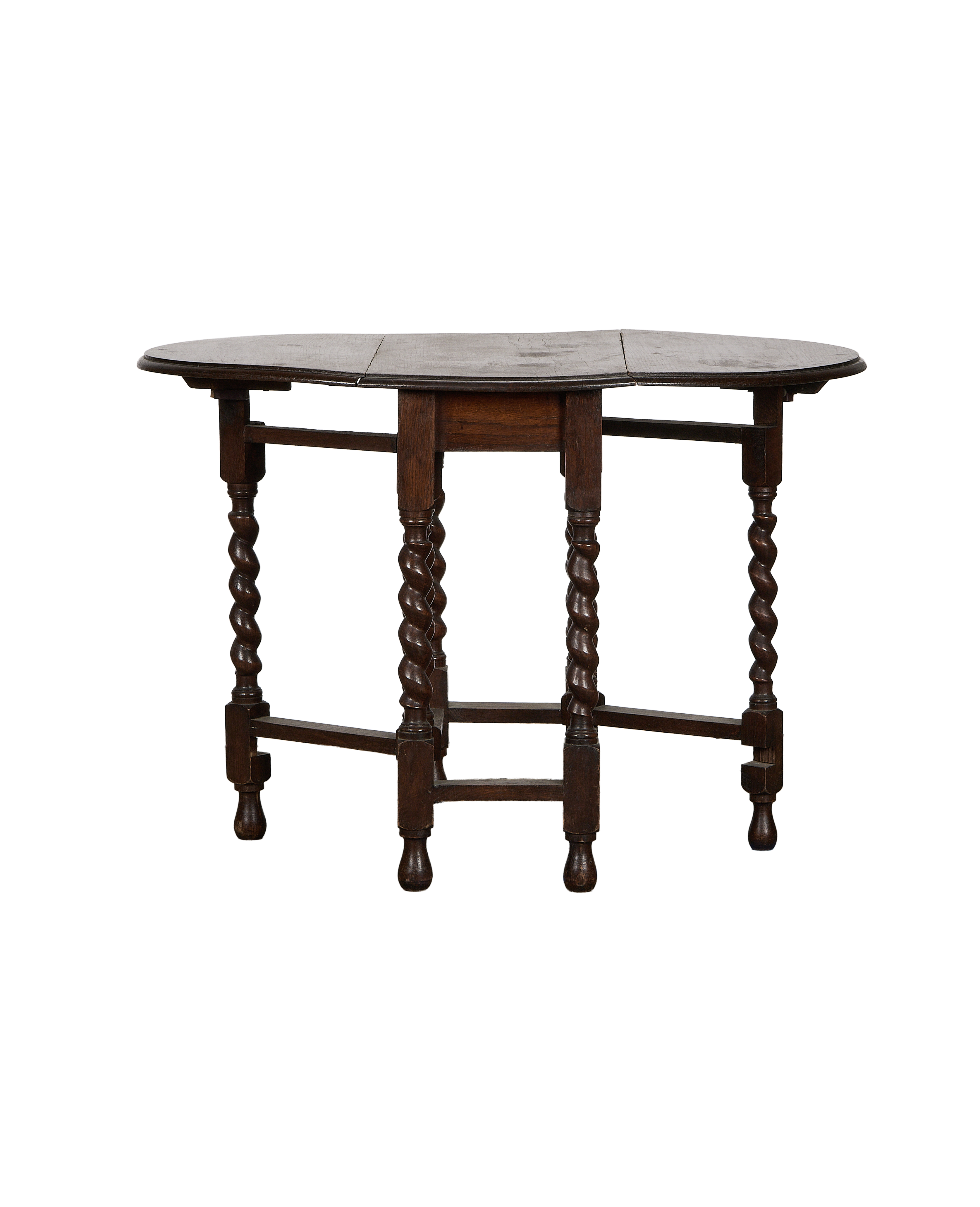 Vintage French oak barley twist drop leaf table, partially open, showing elegant turned legs.