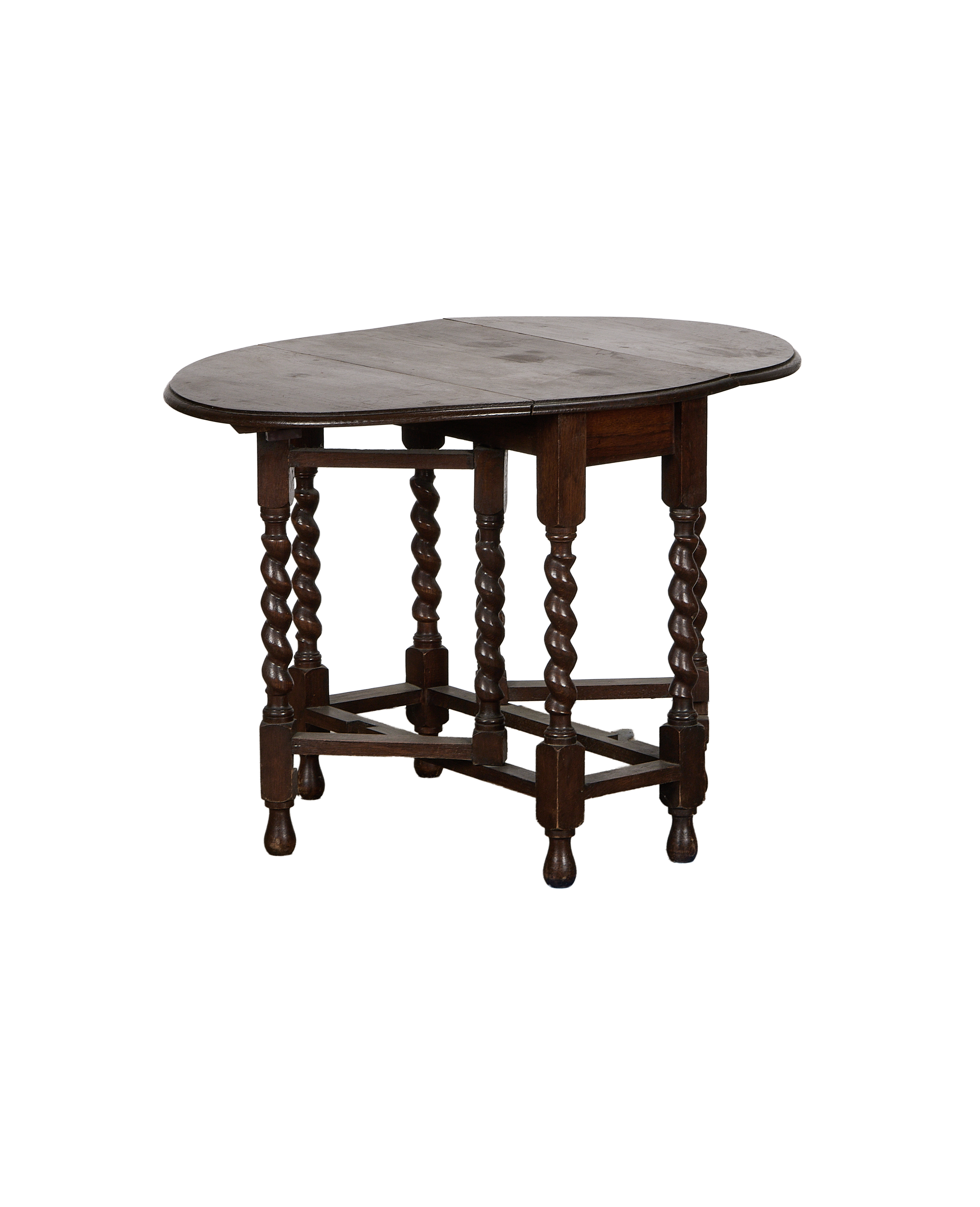Vintage French oak Barley Twist drop leaf table with raised leaf and visible grain.