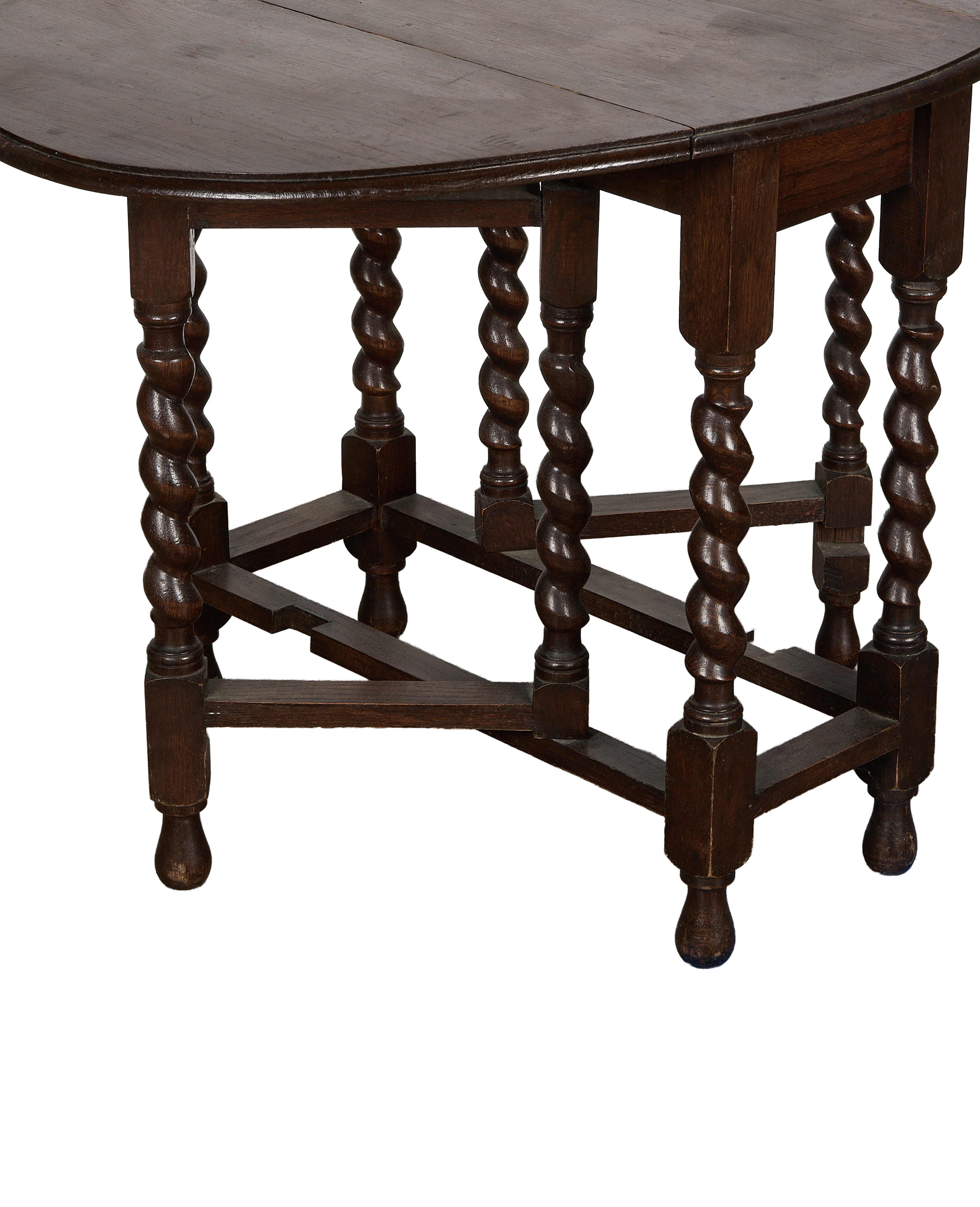 Vintage French oak drop-leaf table, showing details of barley twist legs and stretcher base.