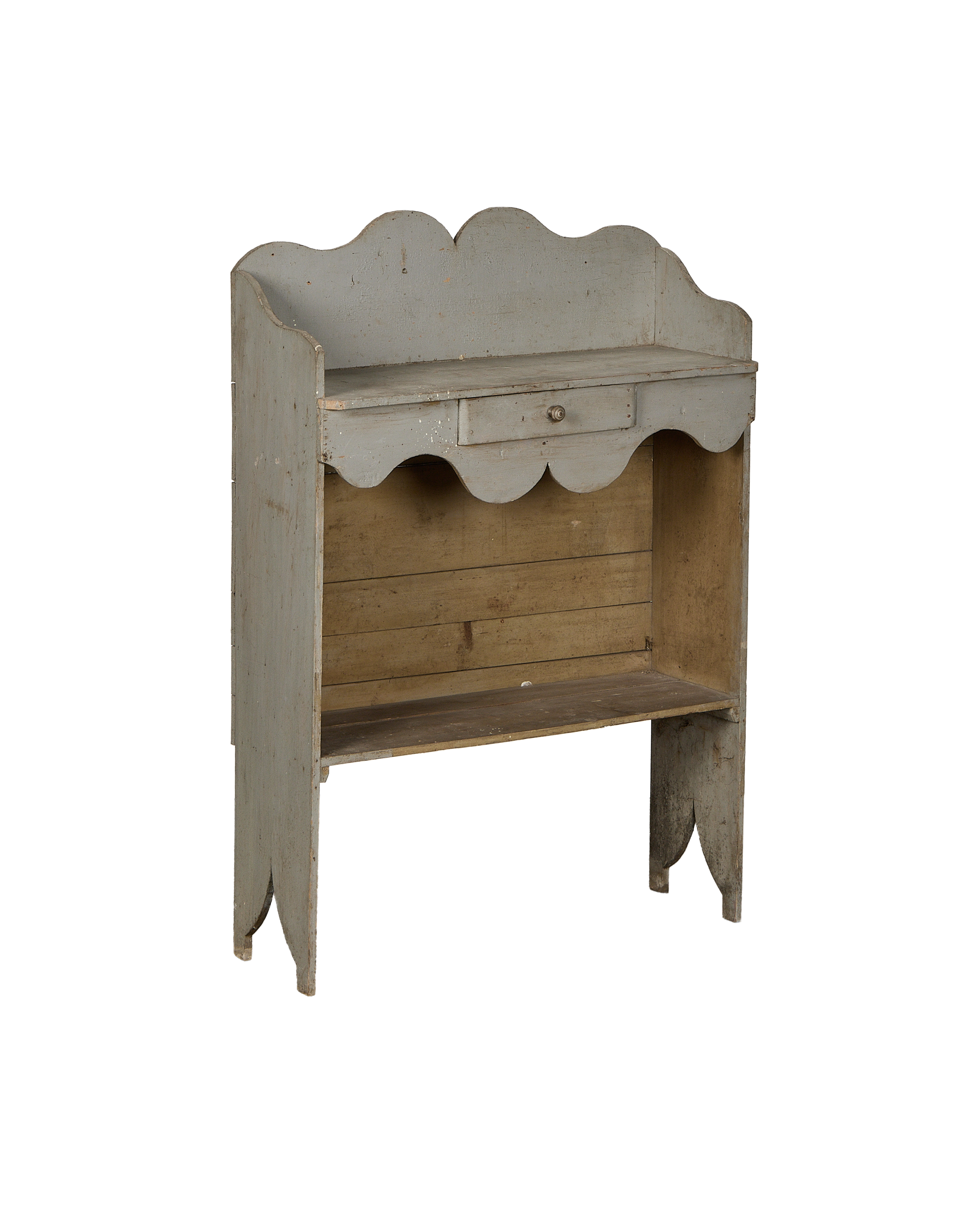 Vintage oak scalloped shelving, distressed gray paint, revealing bottom shelf and exposed wood interior.