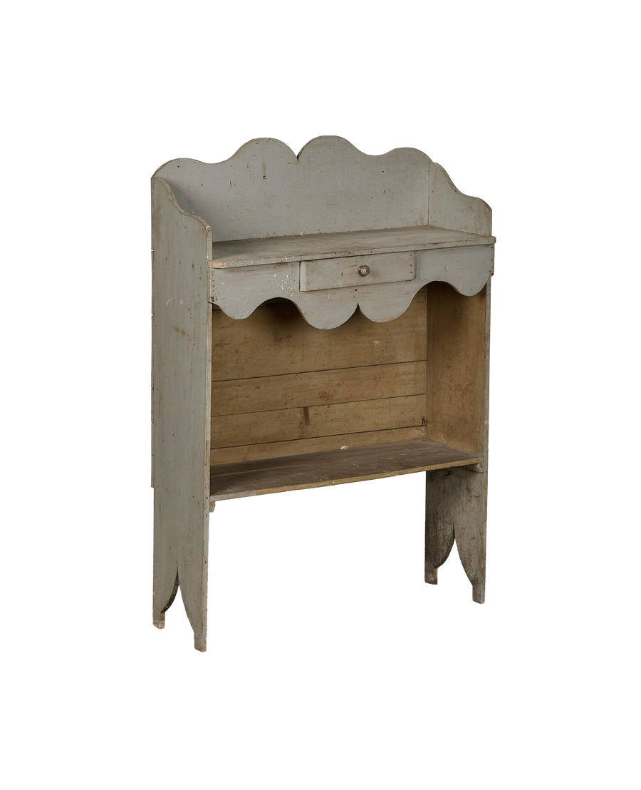 Vintage oak scalloped shelving, distressed gray paint, revealing bottom shelf and exposed wood interior.
