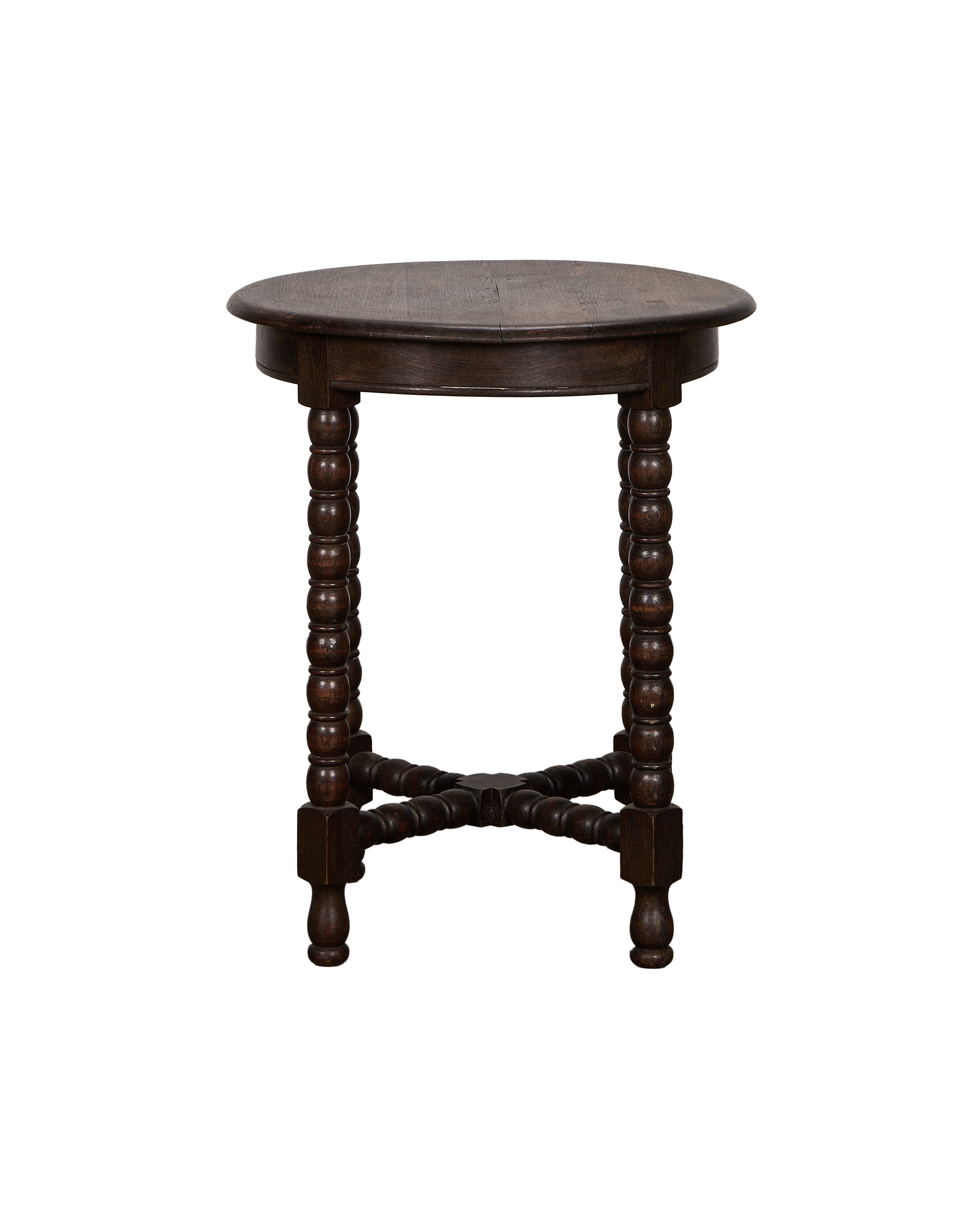Vintage Bobbin Oak Side Table from France, full front view.