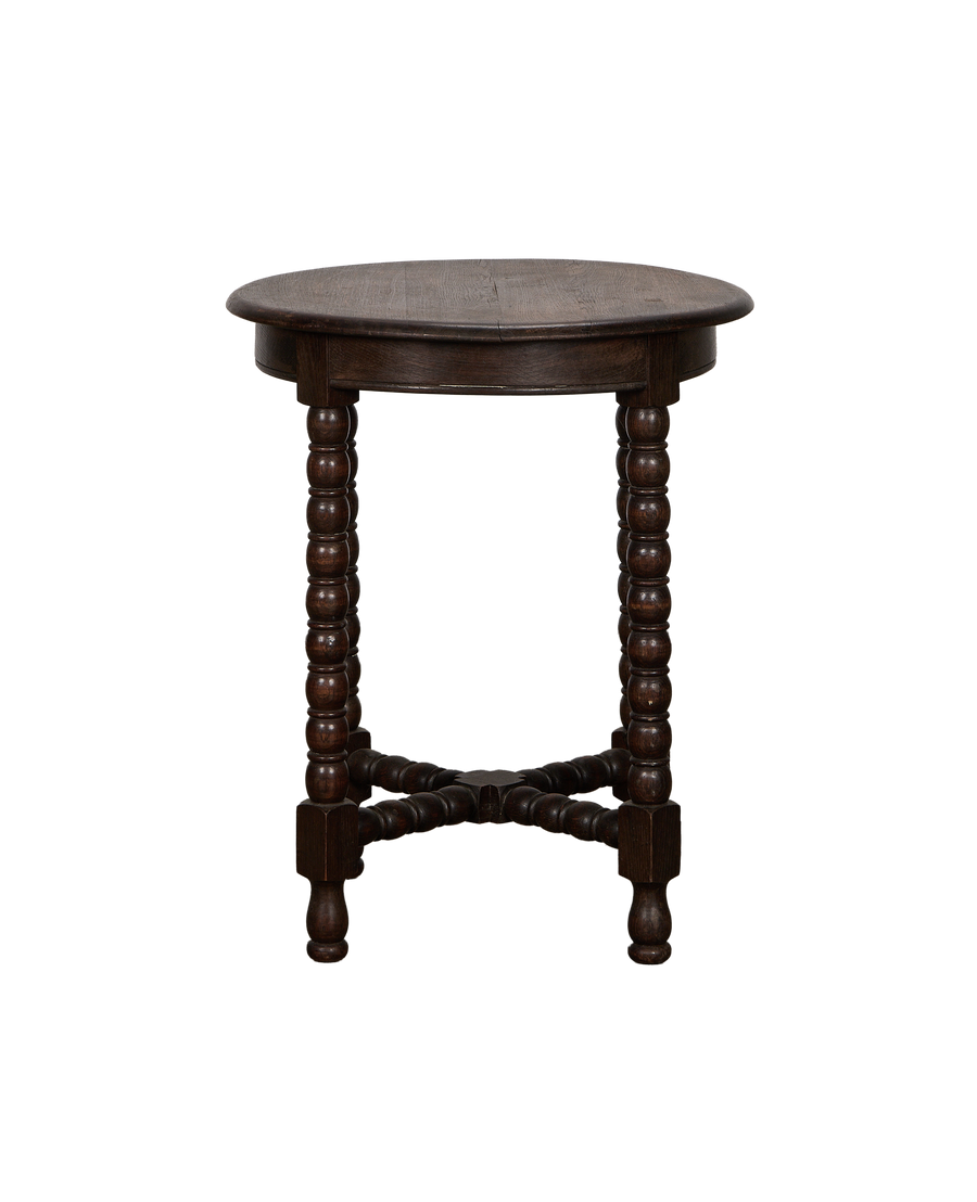 Vintage Bobbin Oak Side Table from France, full front view.