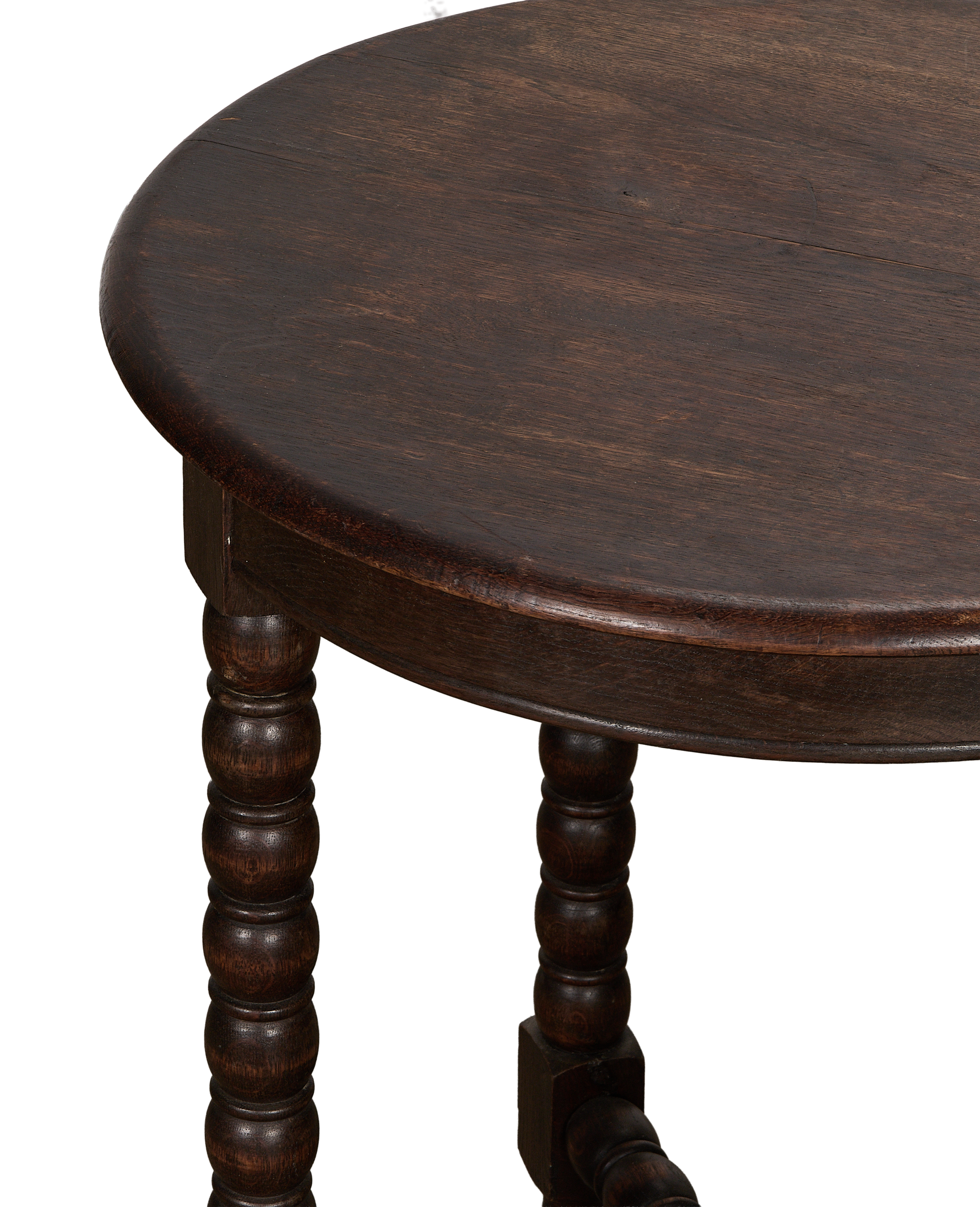 Vintage French oak bobbin side table top and legs detail.