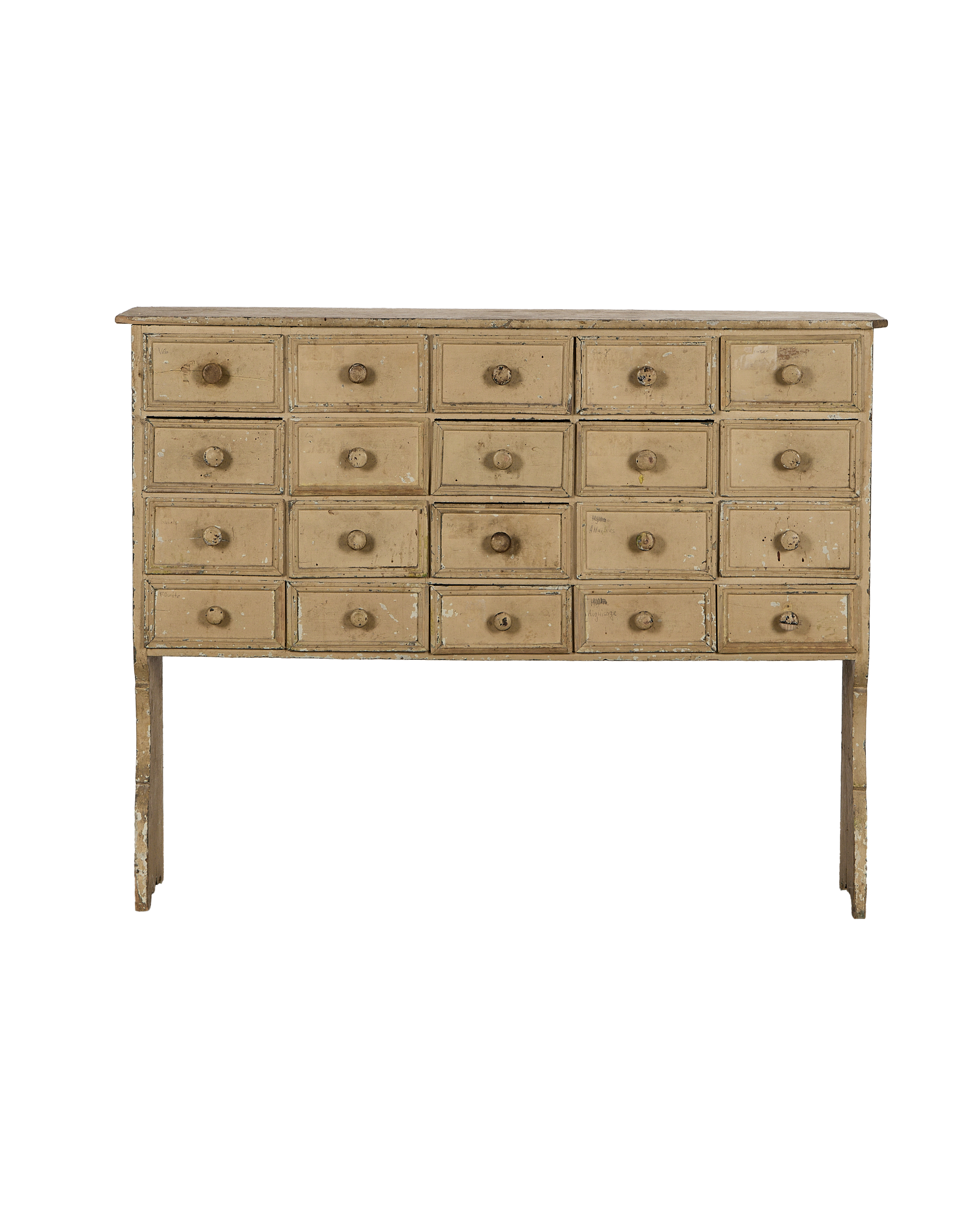 Vintage French oak apothecary console with distressed cream paint and twenty small drawers.
