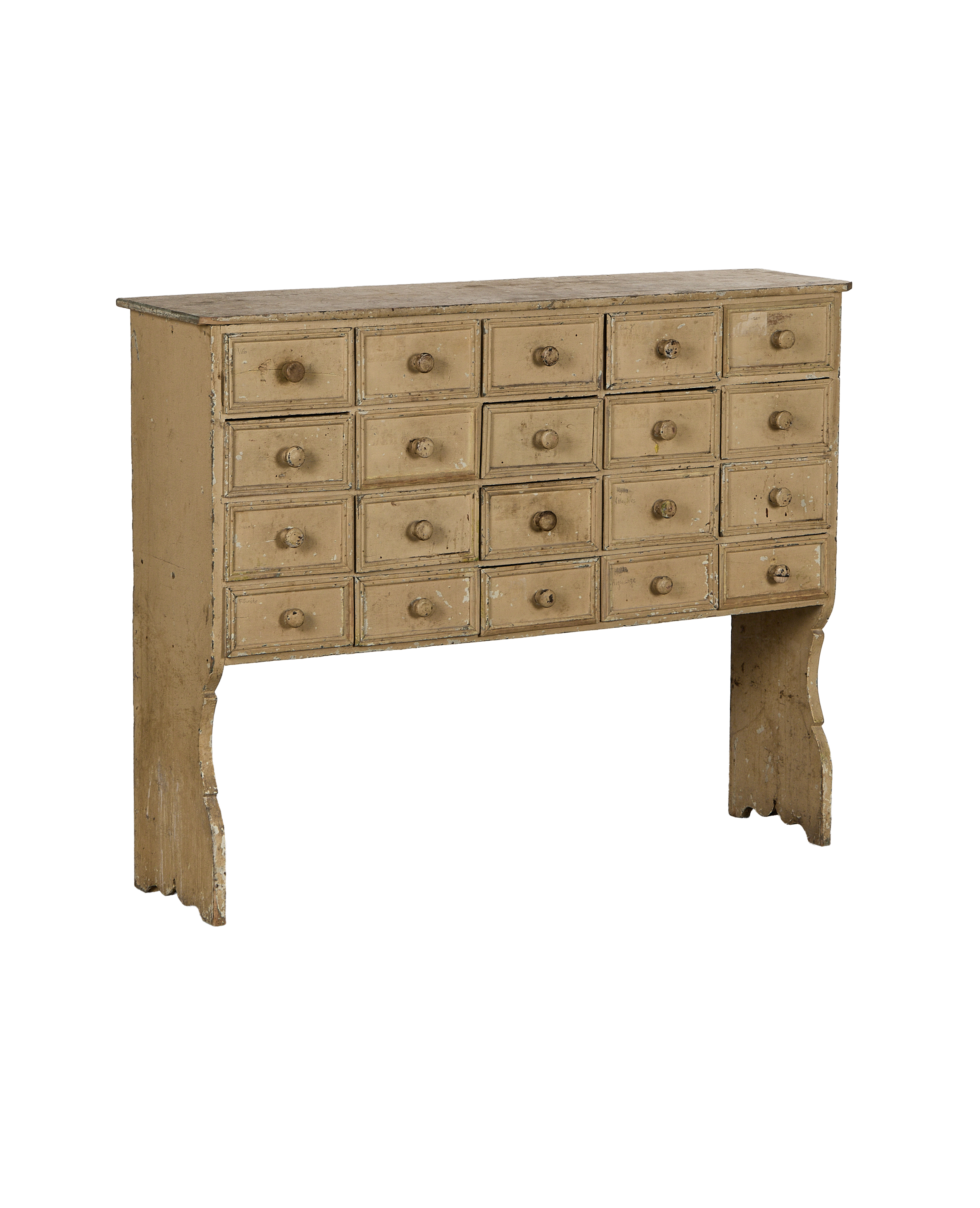 Vintage French oak apothecary console, distressed beige paint with wooden drawer pulls.