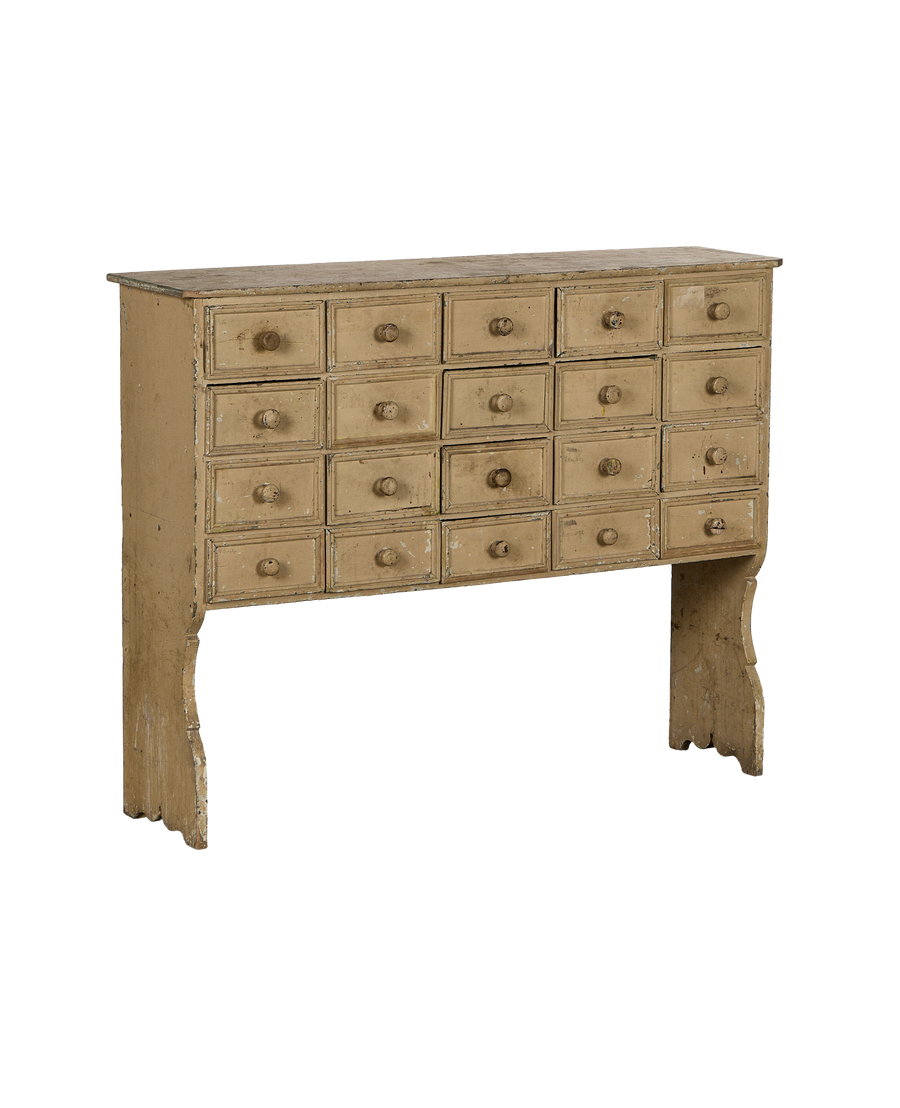 Vintage French oak apothecary console, distressed beige paint with wooden drawer pulls.