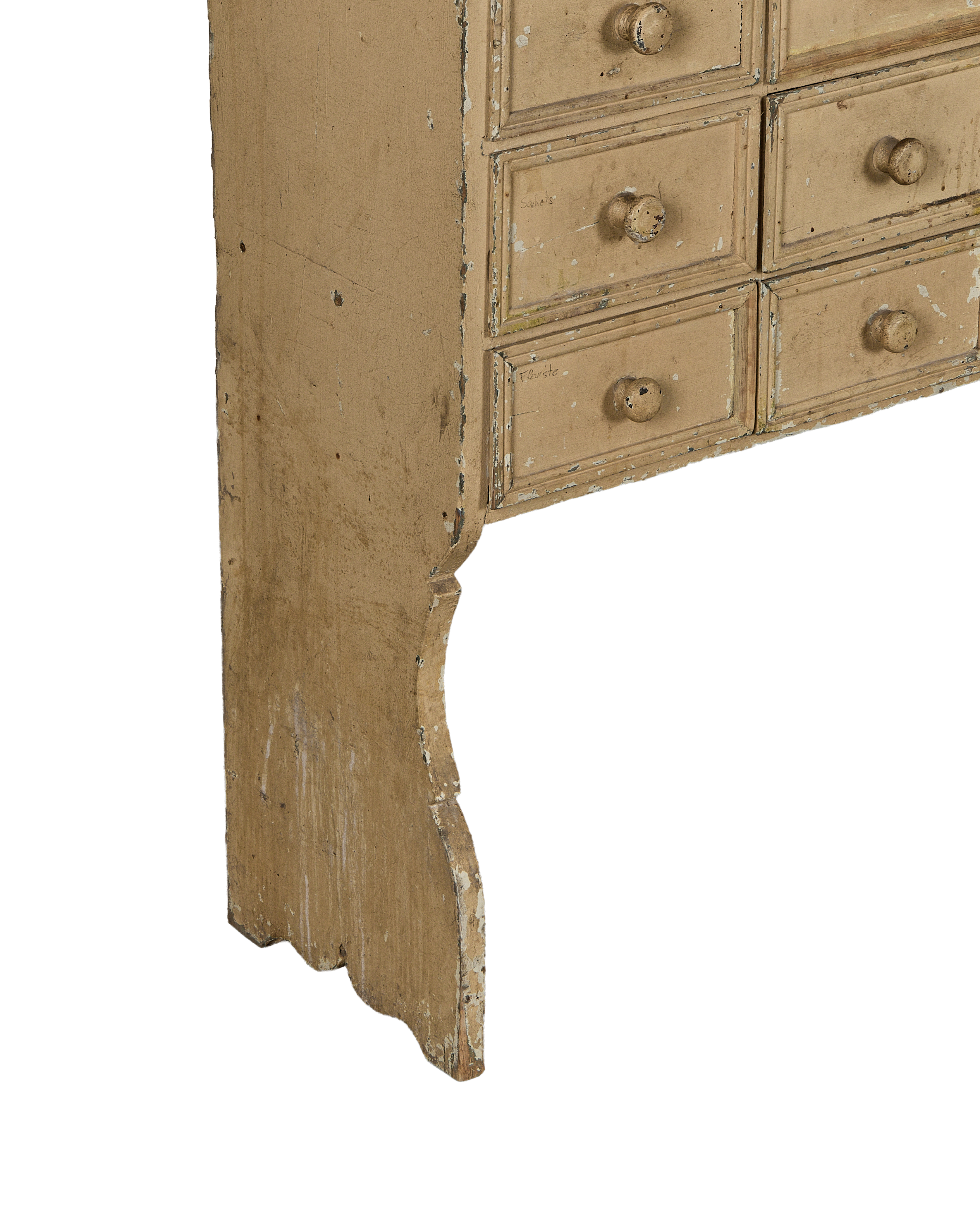 Vintage French oak painted apothecary console's right side showcasing multiple drawers and distressed paint finish.