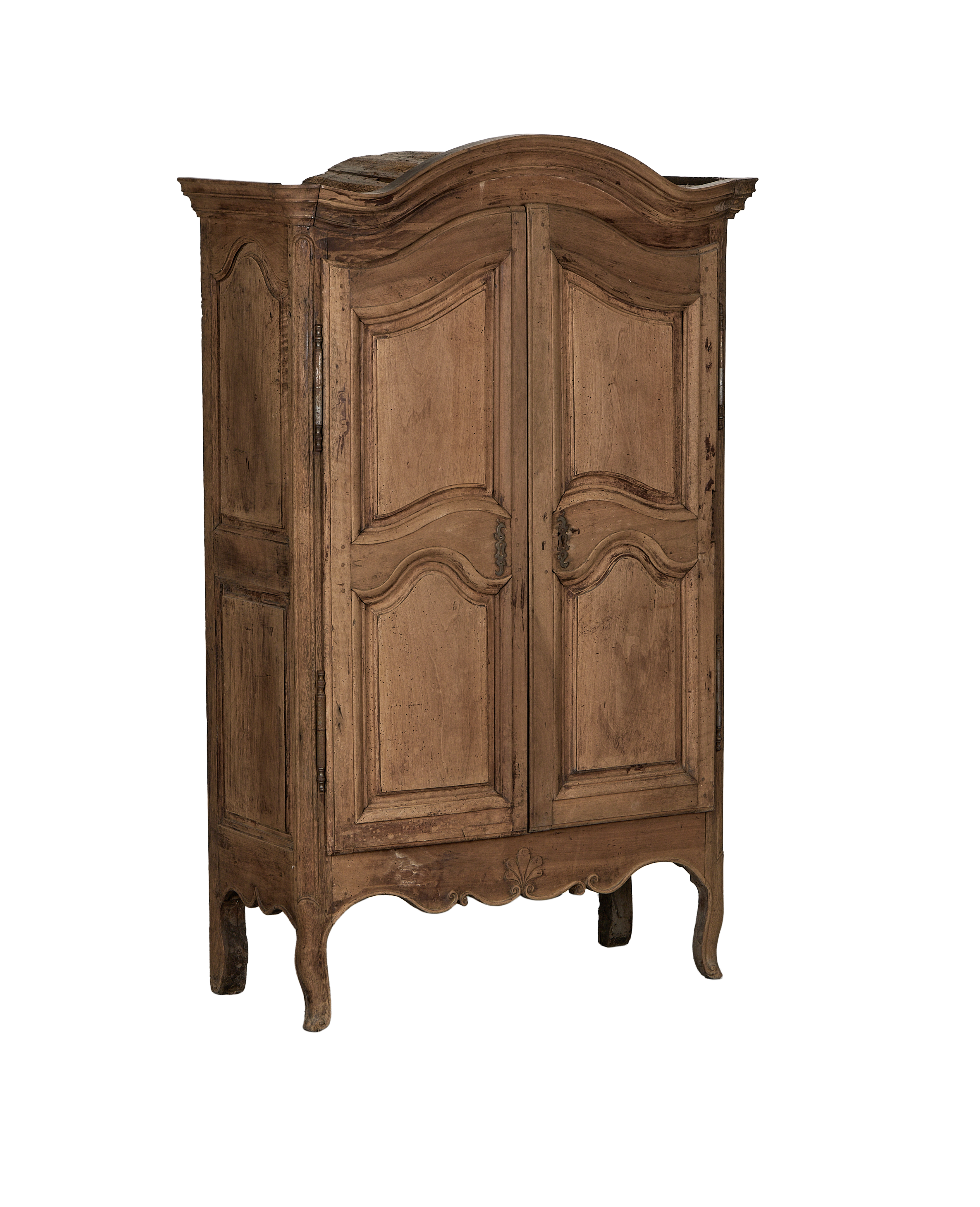 Vintage French 18th Century oak armoire, full frontal view, showing distressing and patina.