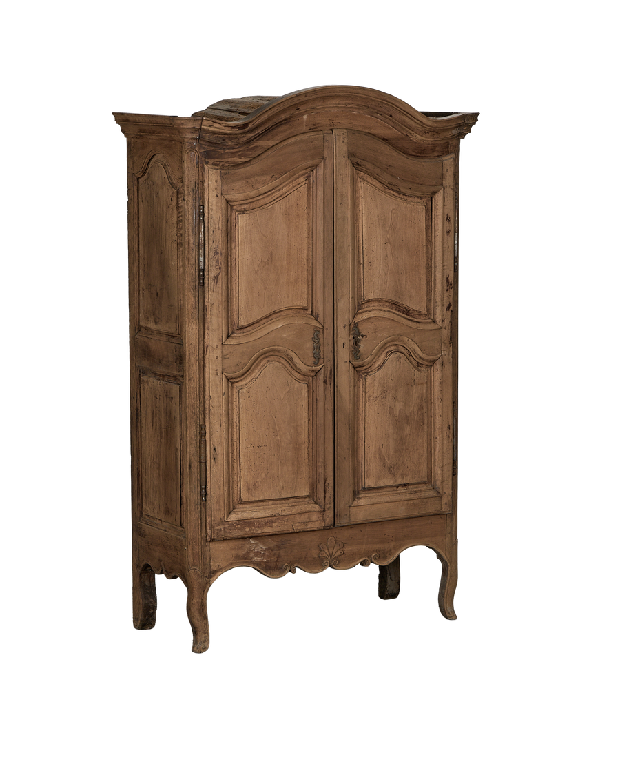 Vintage French 18th Century oak armoire, full frontal view, showing distressing and patina.
