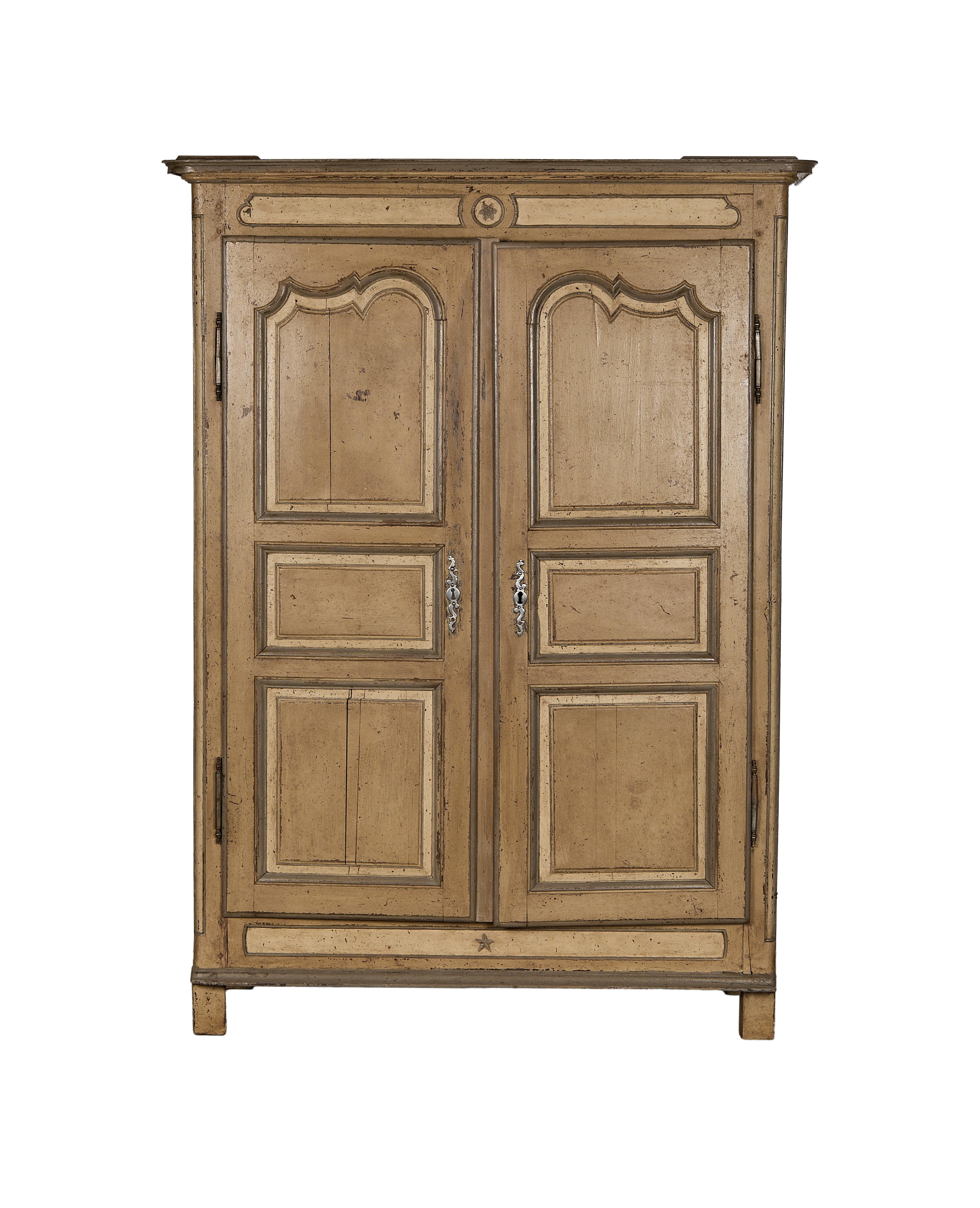 Vintage French oak armoire with distressed painted light brown finish and decorative silver hardware.