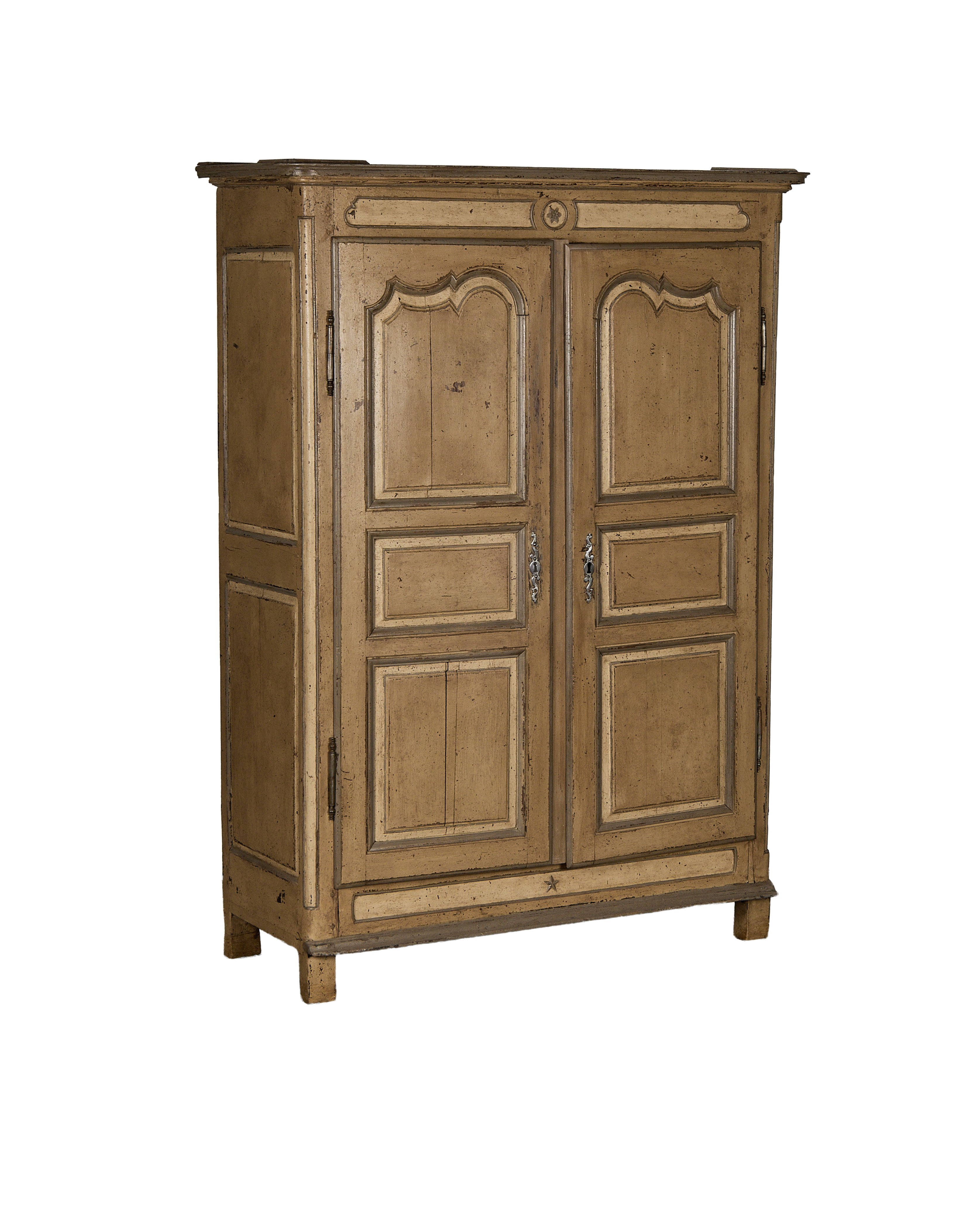 Vintage French oak armoire, painted pale green with distressed finish and detailed moulding, front view.