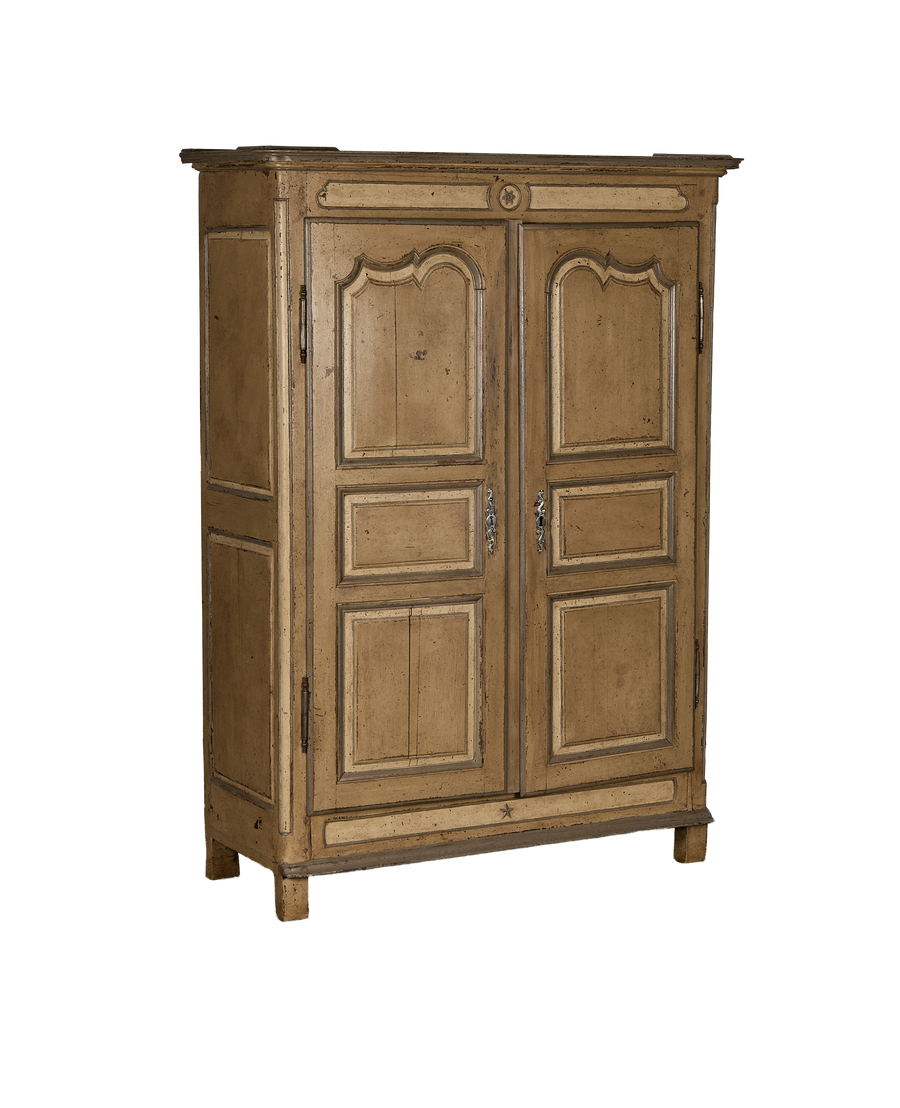 Vintage French oak armoire, painted pale green with distressed finish and detailed moulding, front view.