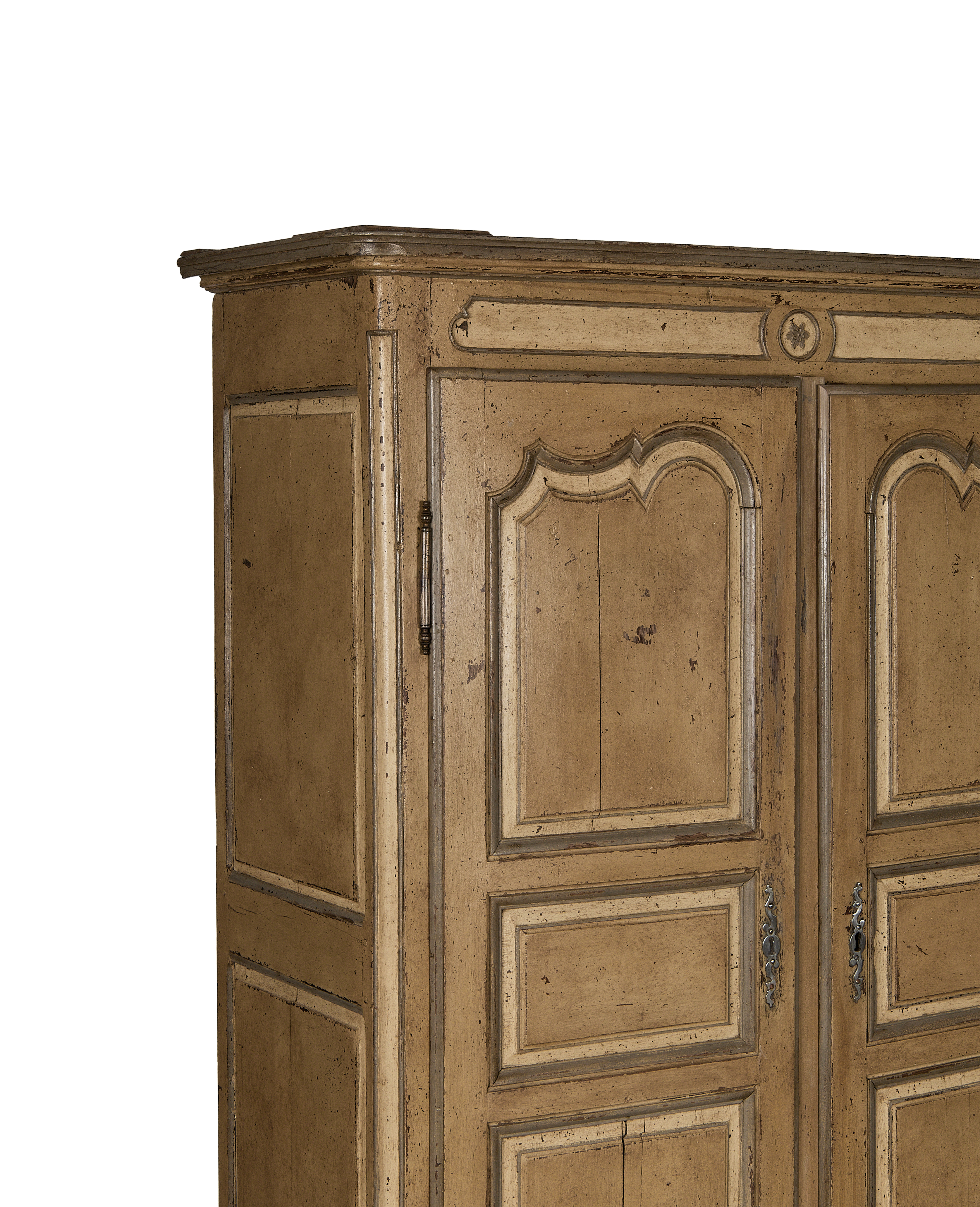 French vintage painted oak armoire, distressed finish, showing paneled doors and antique hardware.