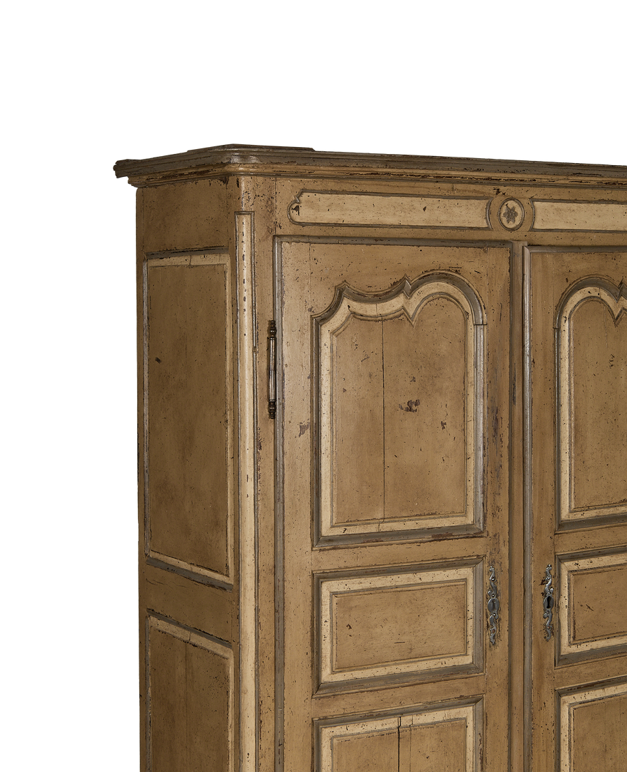 French vintage painted oak armoire, distressed finish, showing paneled doors and antique hardware.