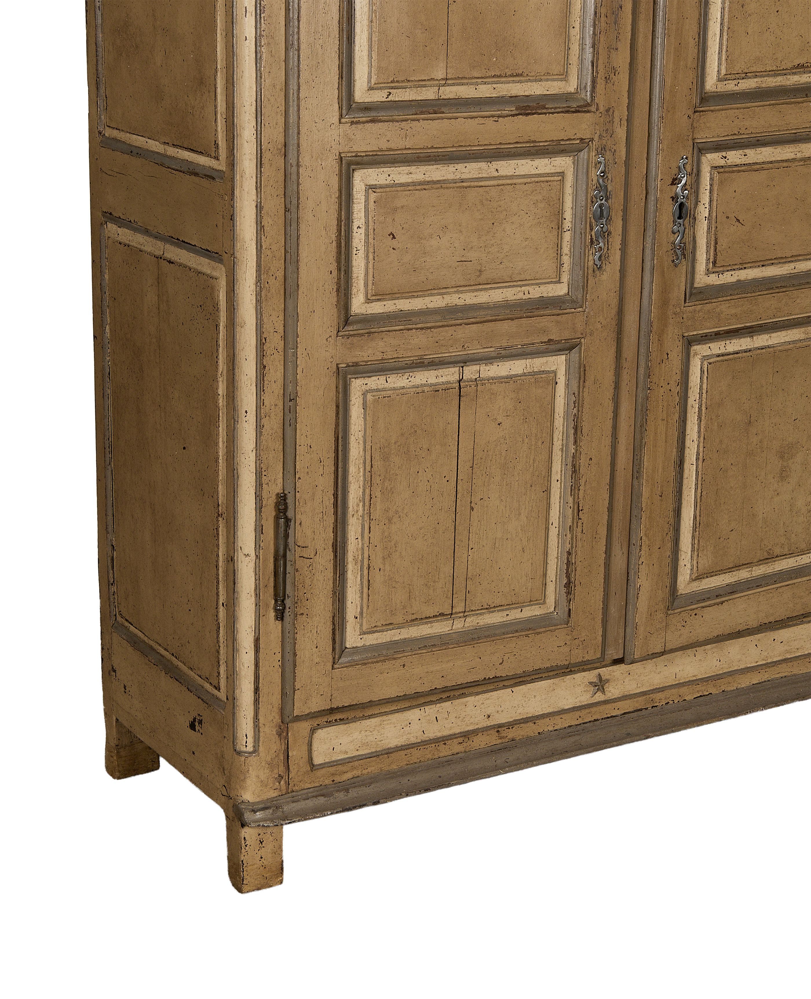 Vintage French oak armoire with distressed painted finish and ornate metal hardware.