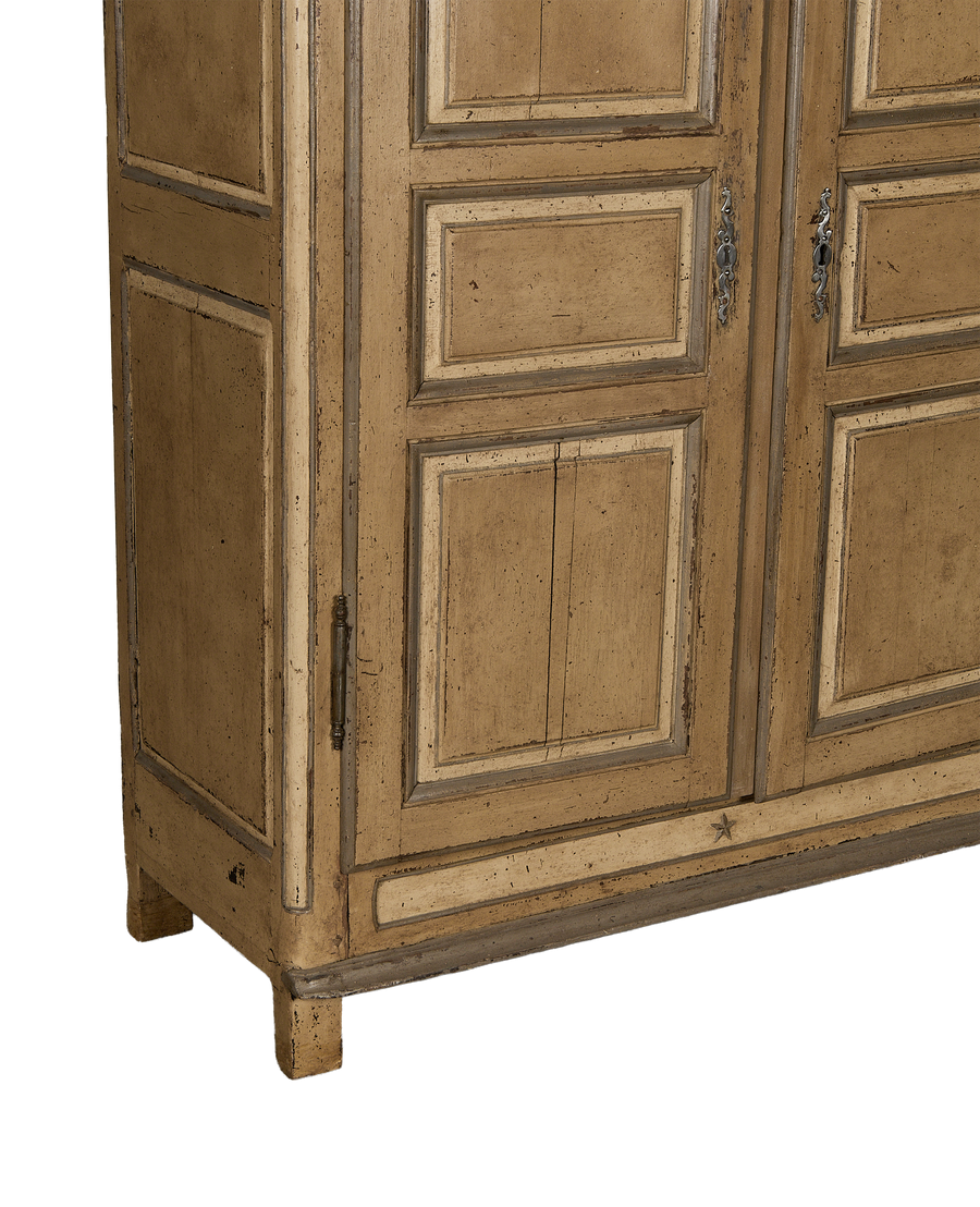 Vintage French oak armoire with distressed painted finish and ornate metal hardware.