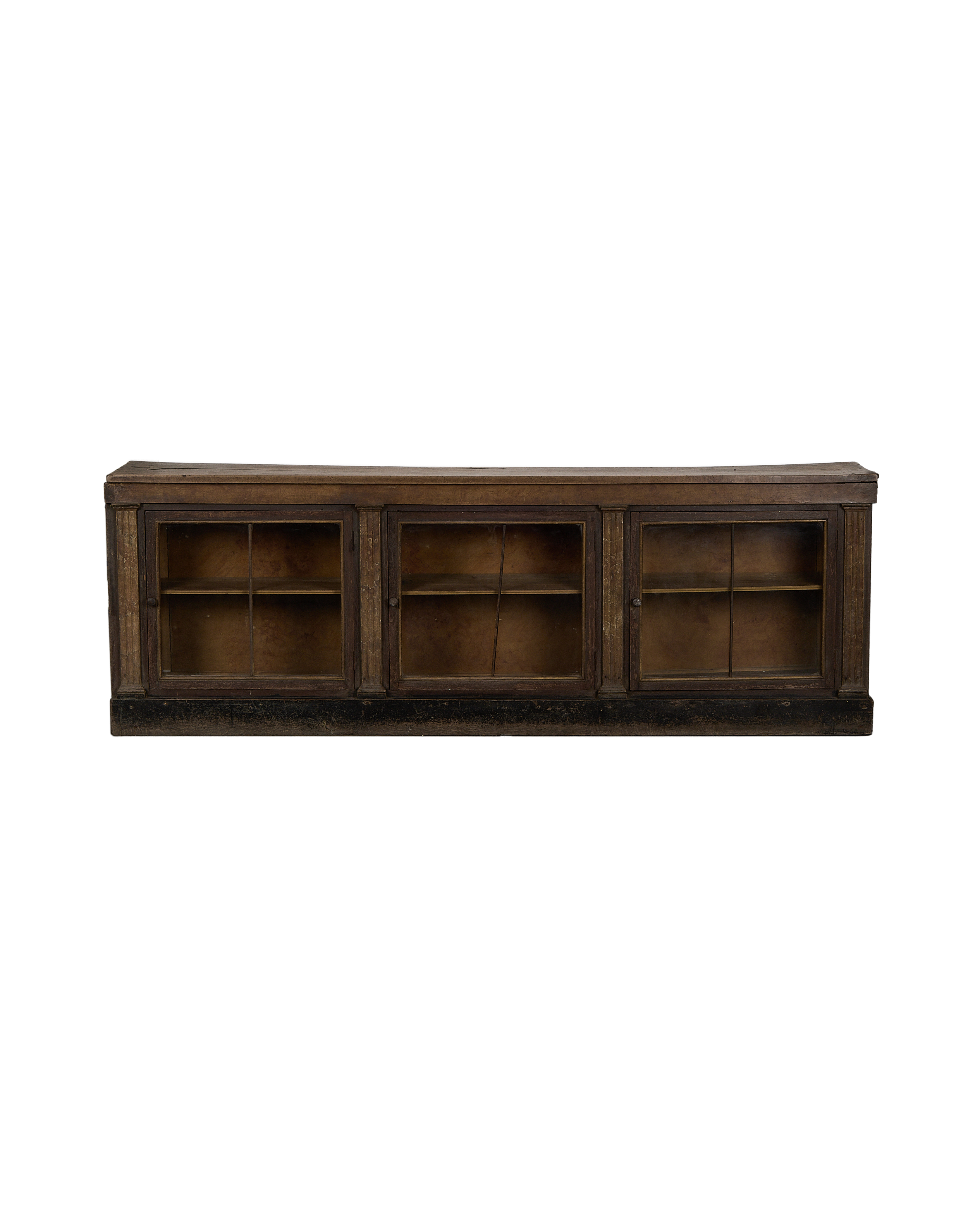 Vintage French Oak Sideboard showcasing three glass-fronted cabinets with carved details.