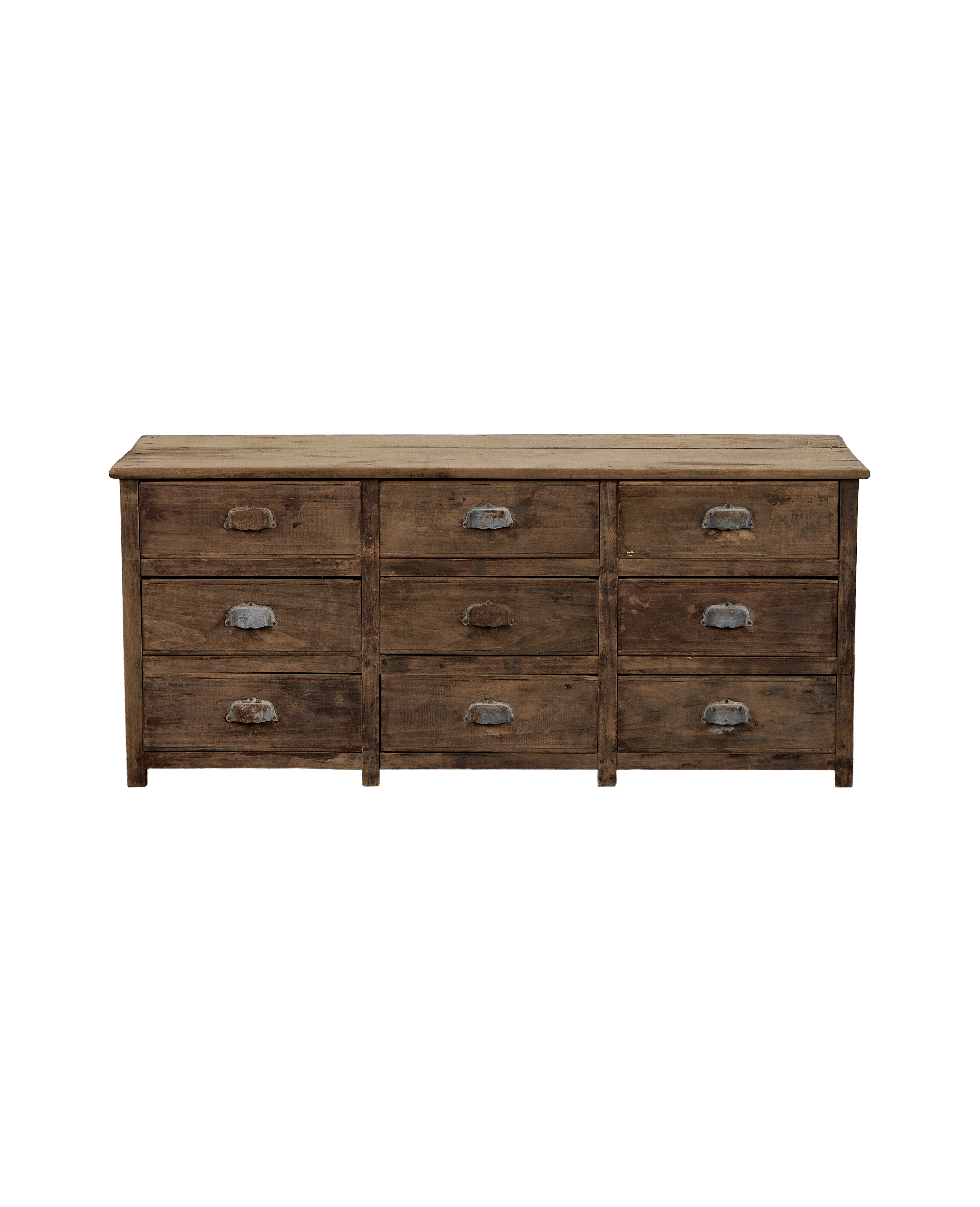 Vintage French oak sideboard, nine drawers with patinated metal pulls, worn natural wood finish.