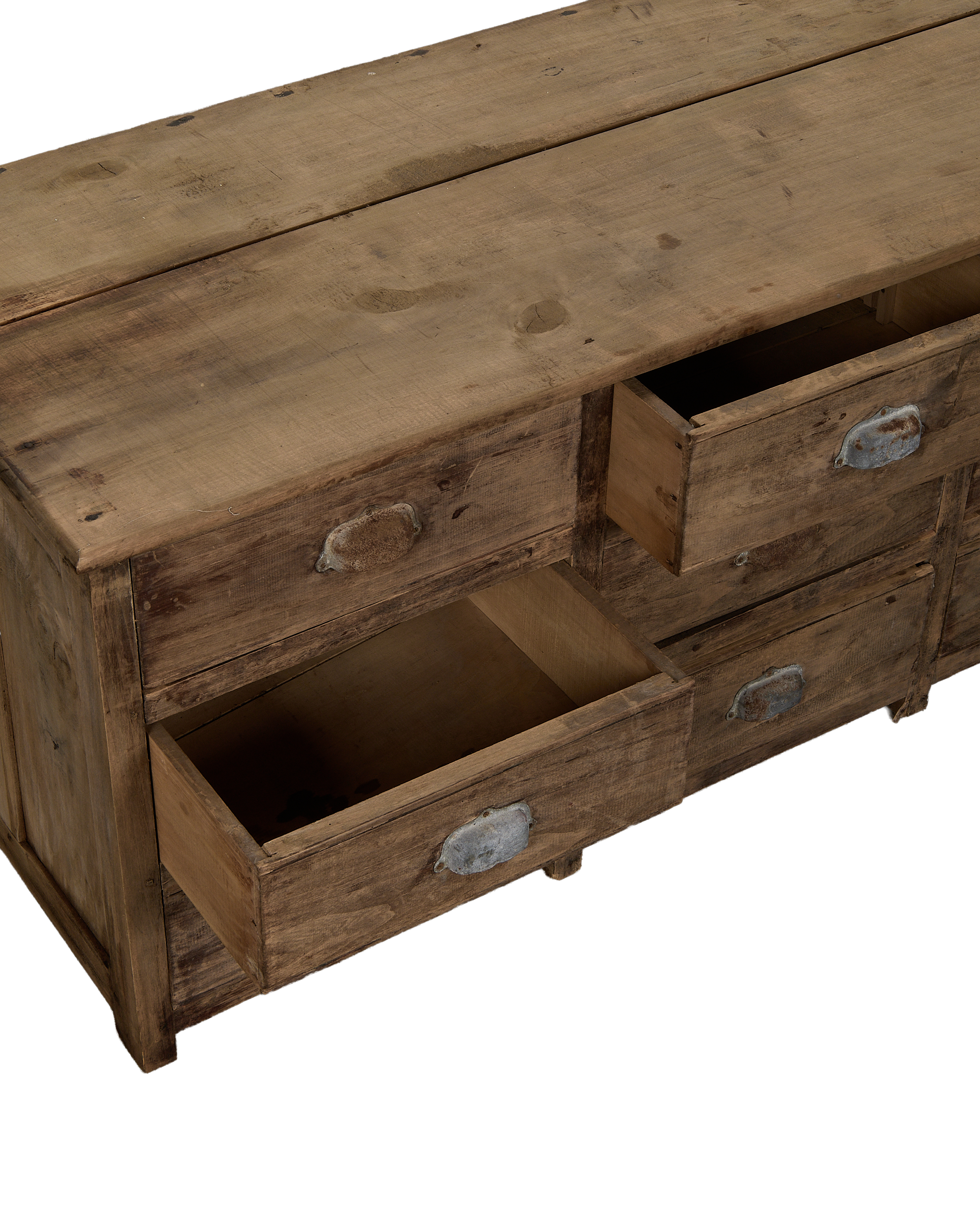 Vintage French oak sideboard; two open drawers, revealing their spacious, rustic interior.