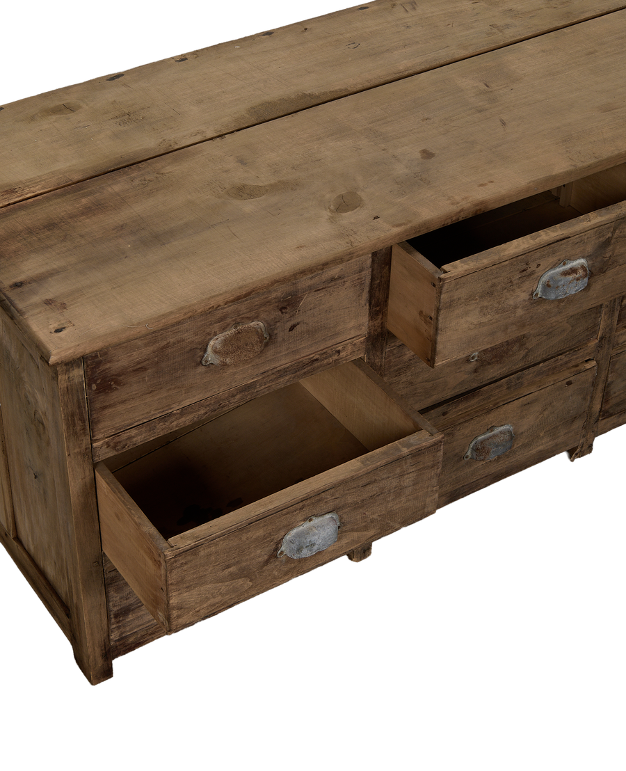 Vintage French oak sideboard; two open drawers, revealing their spacious, rustic interior.